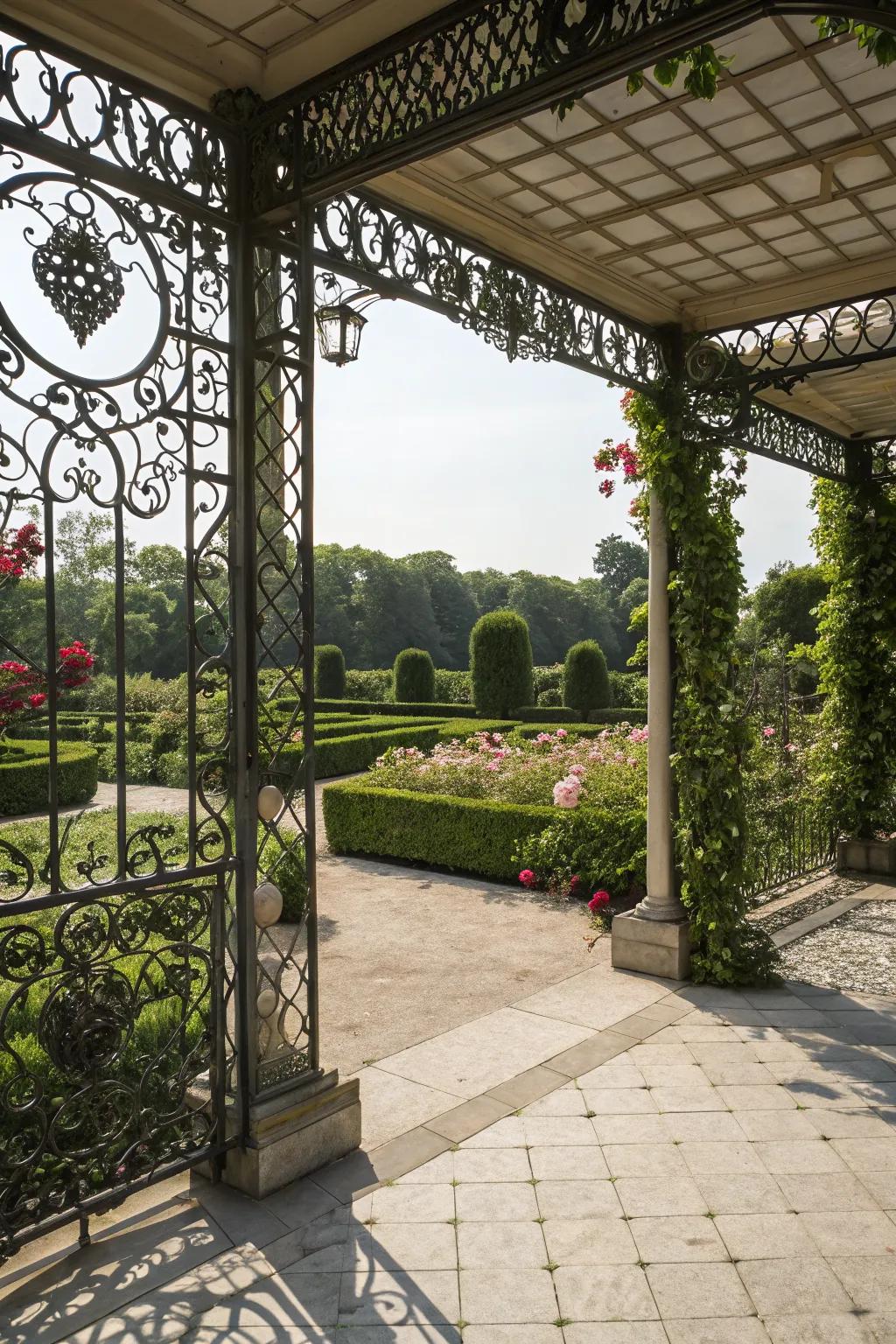 Artistic flair with decorative metal screens on a pergola