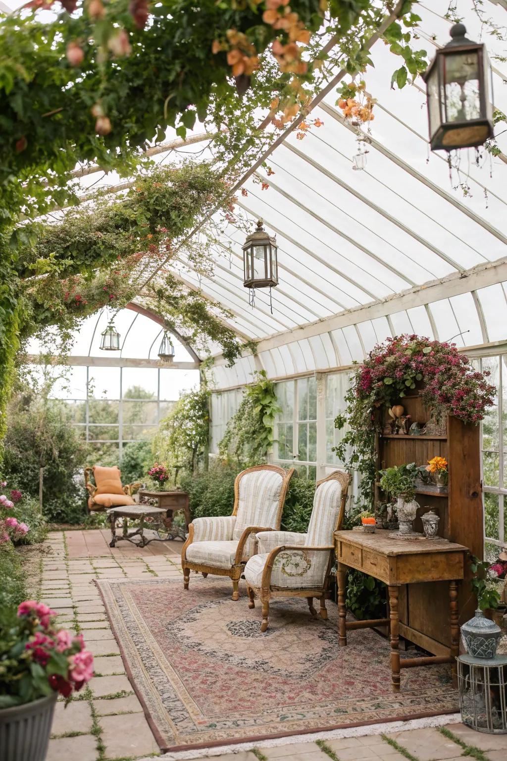 A vintage retreat in a pergola greenhouse, filled with nostalgic charm.
