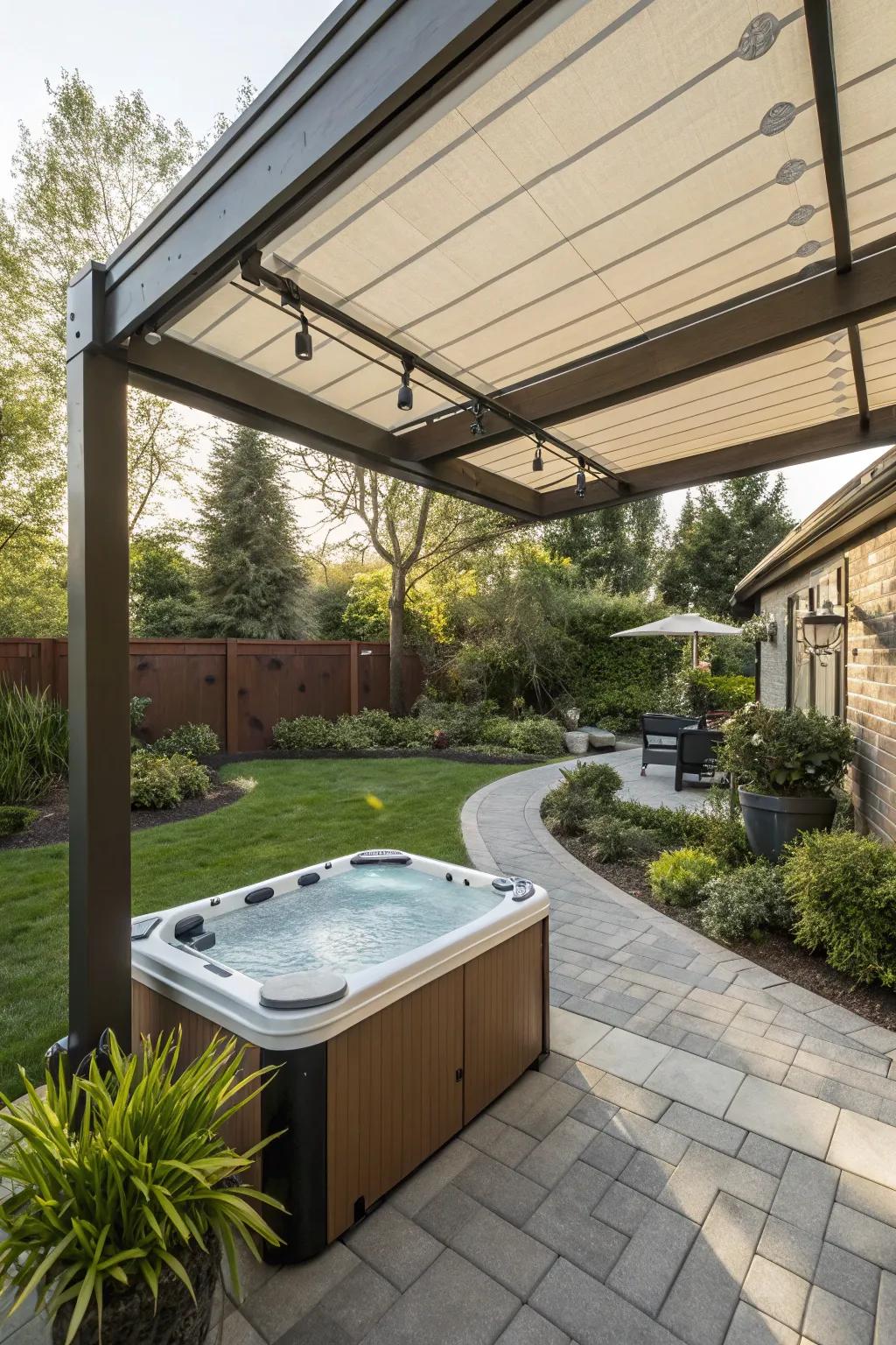 A pergola with a retractable roof providing adjustable sunlight over a hot tub.