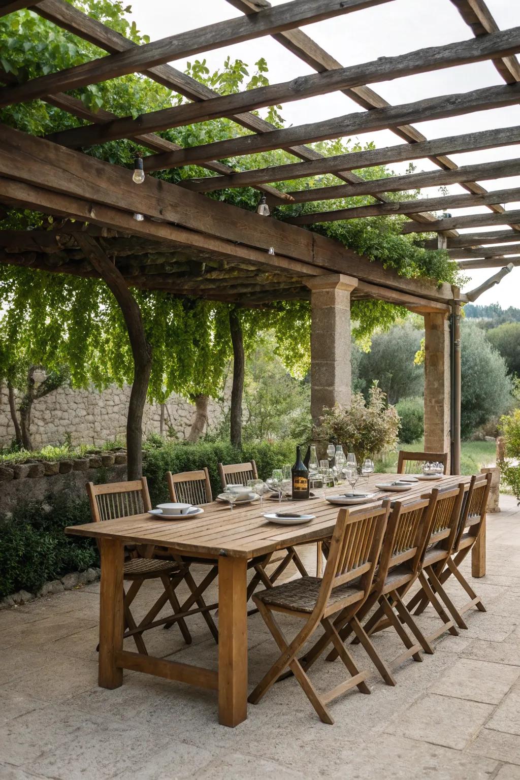 Dine under the stars with a pergola-covered outdoor dining area.