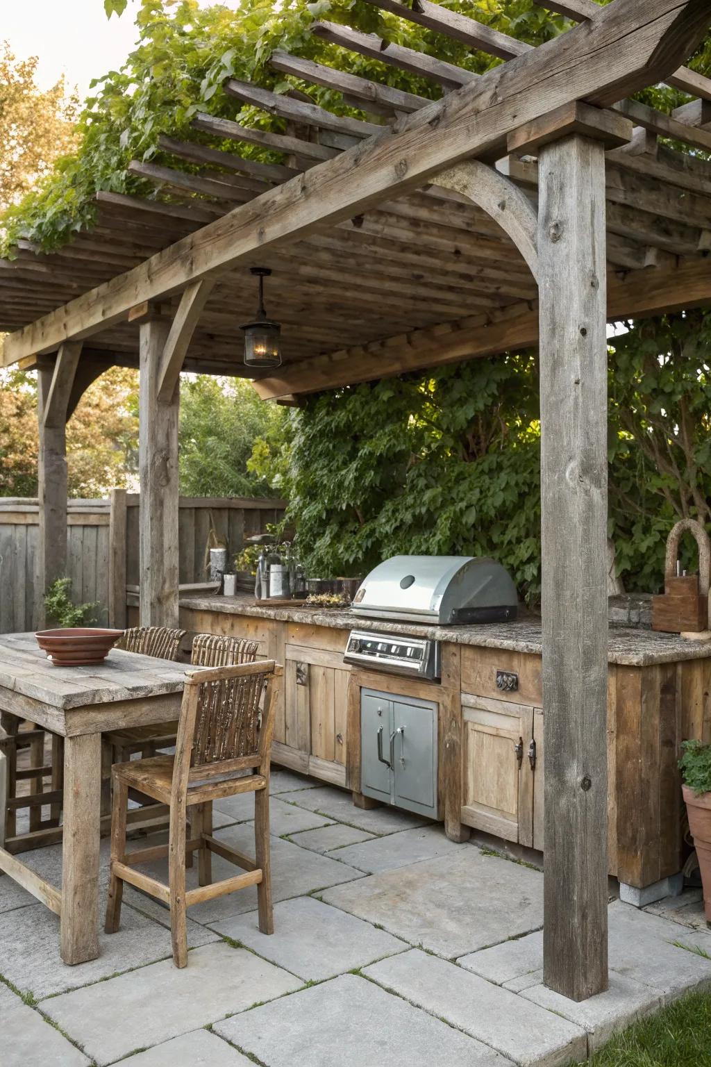 Rustic pergolas add a touch of vintage charm.