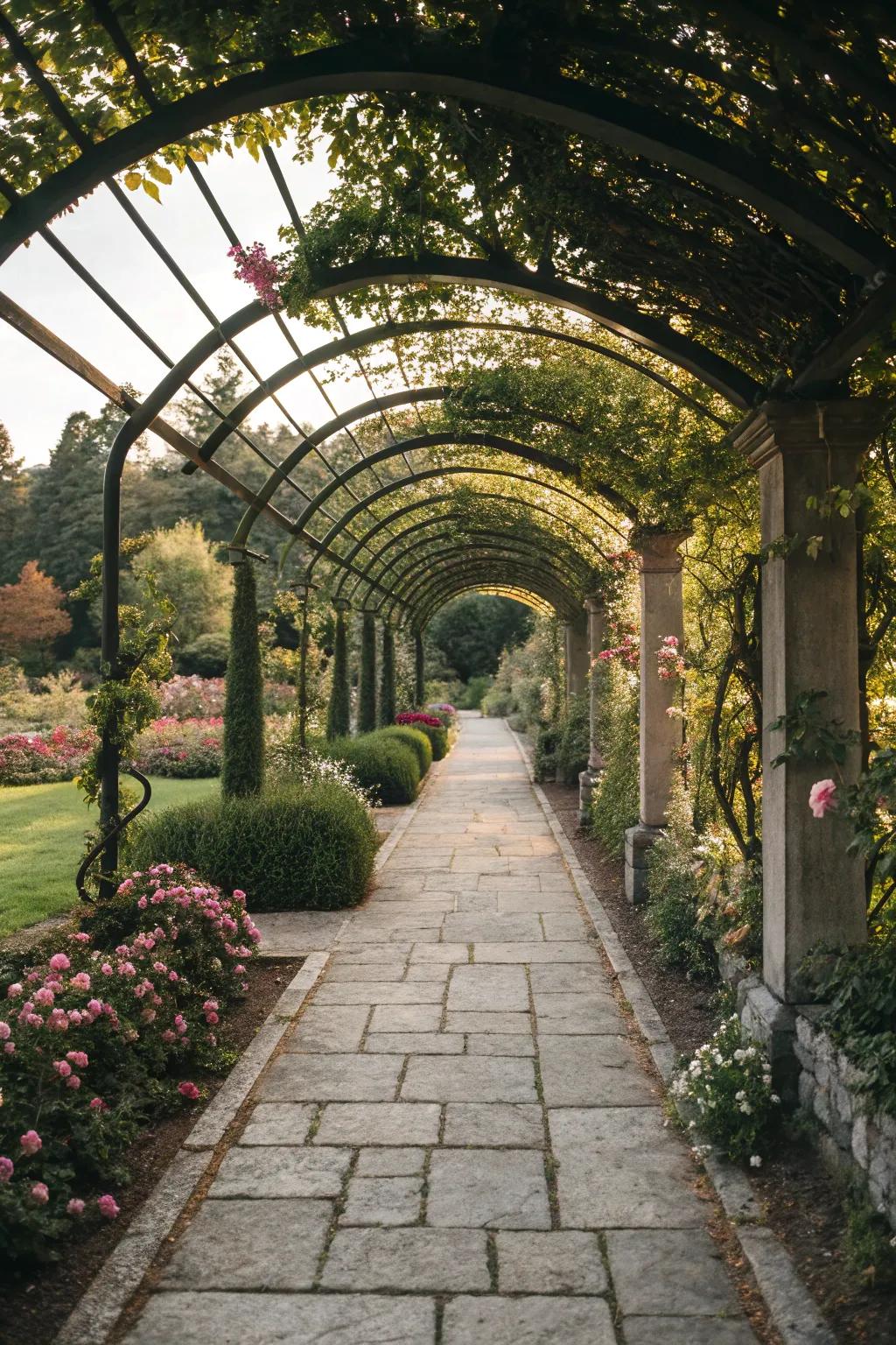 An impressive arched pergola walkway inviting you into the garden.