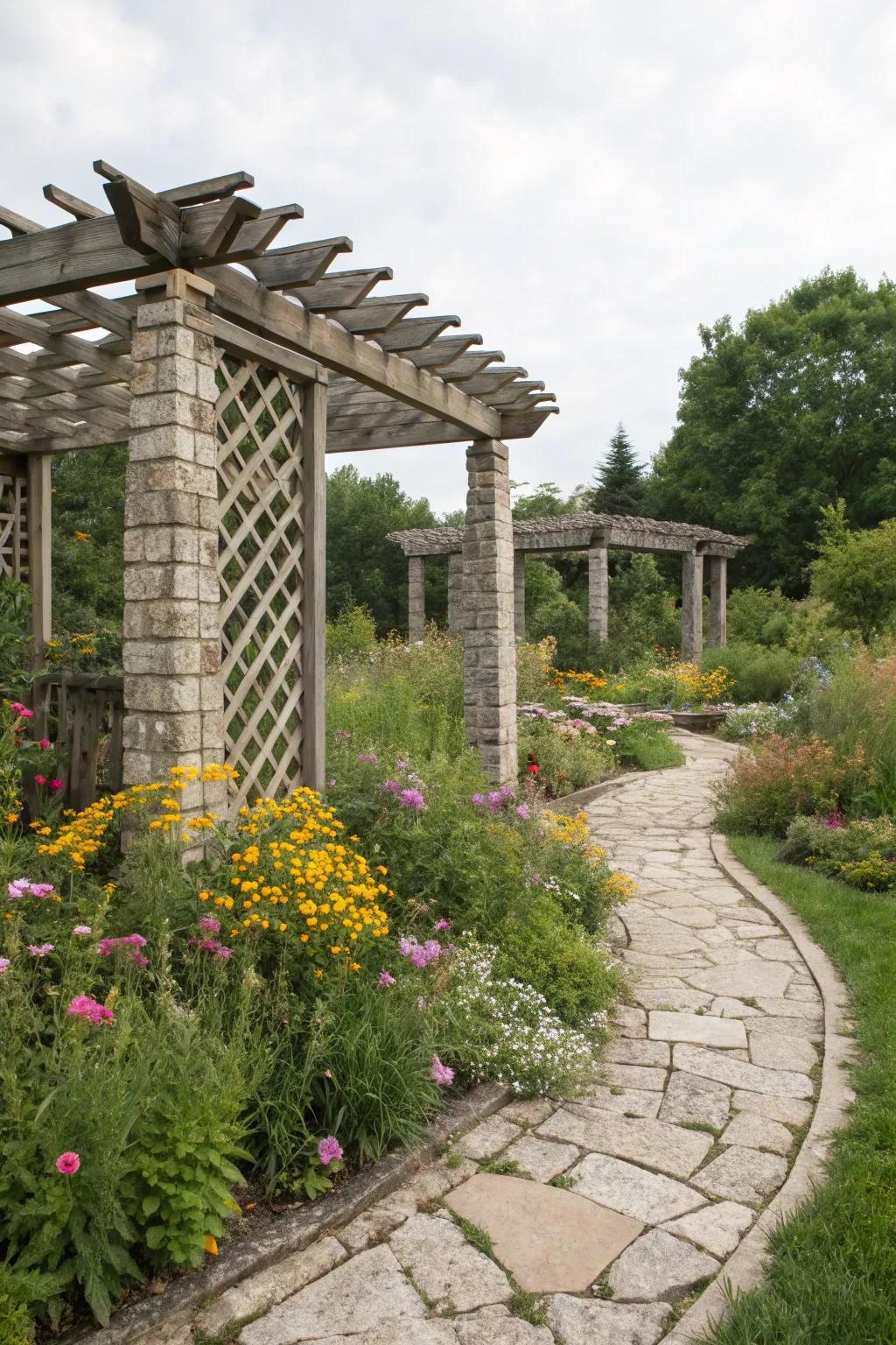 Stone bases add rustic elegance to a pergola.