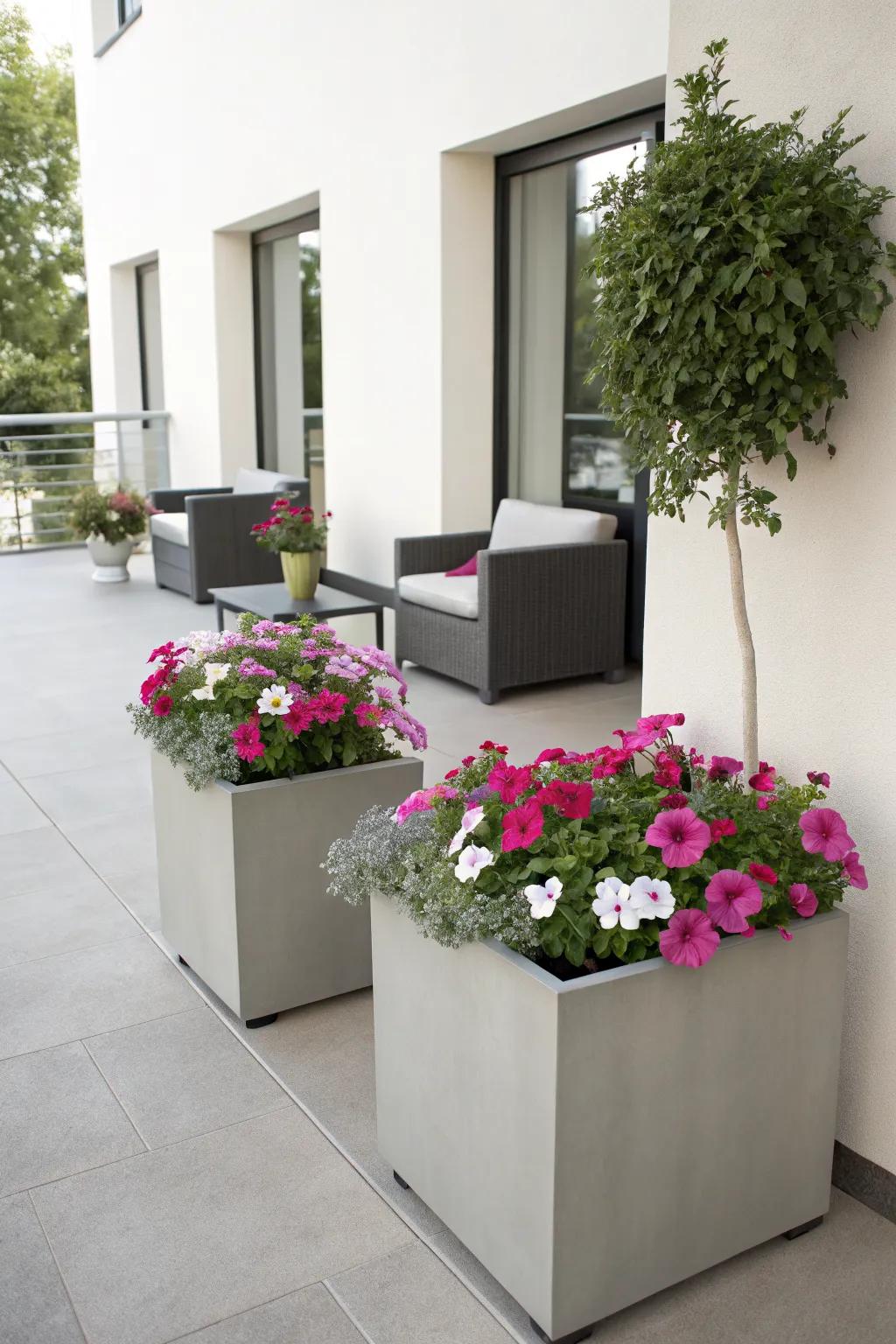 Geometric planters add a modern twist to petunia displays.