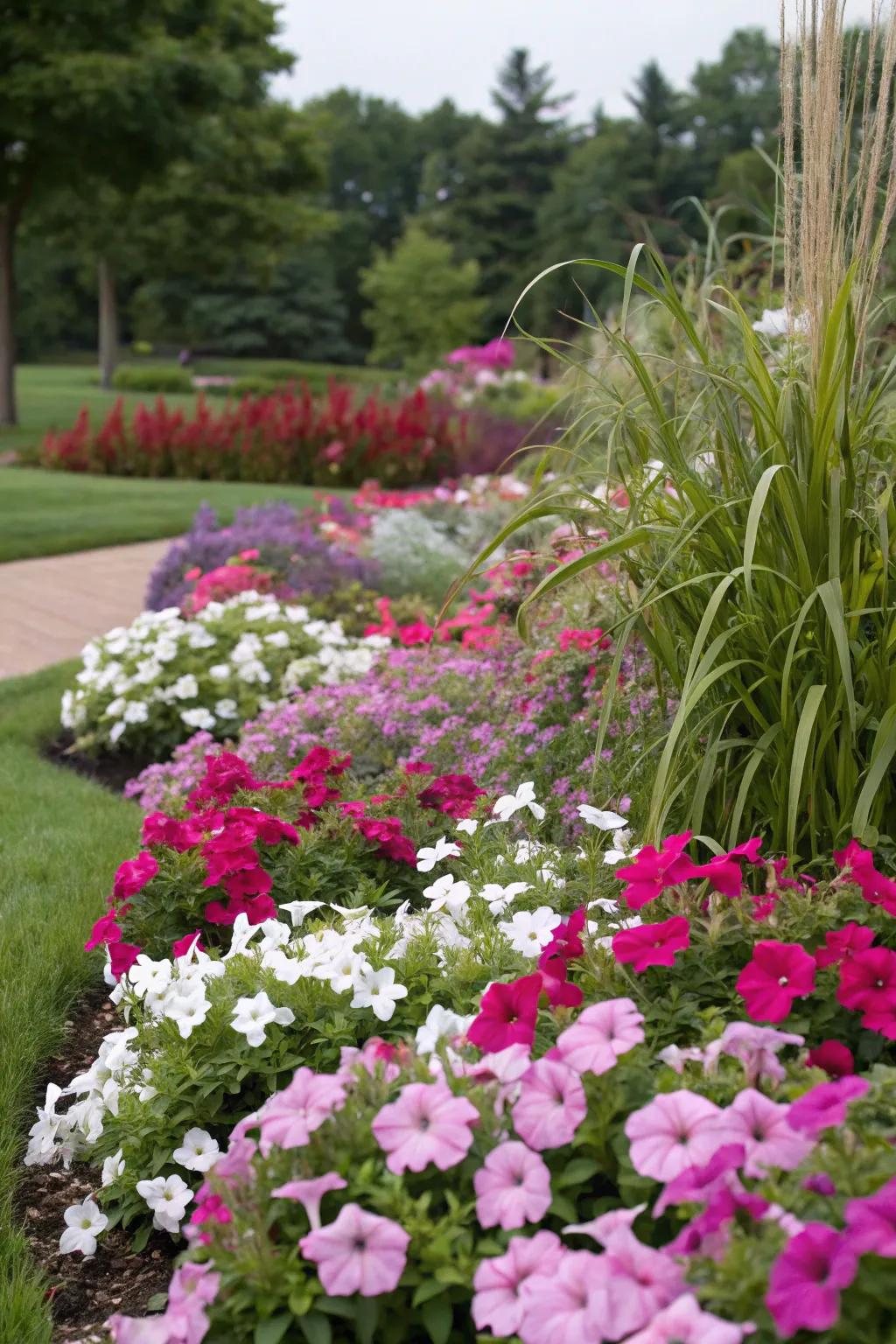 Layered planting with petunias creates depth and interest.