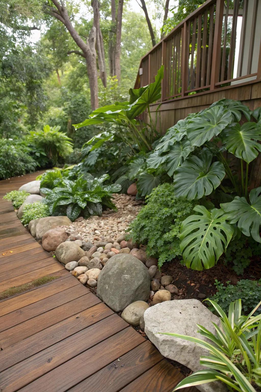 Combine philodendrons with natural elements for a textured garden.