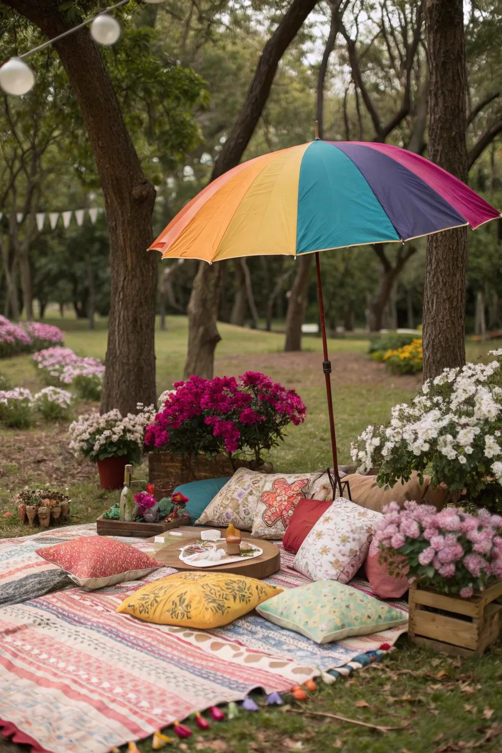 A vibrant umbrella adding color and shade to a picnic setup.