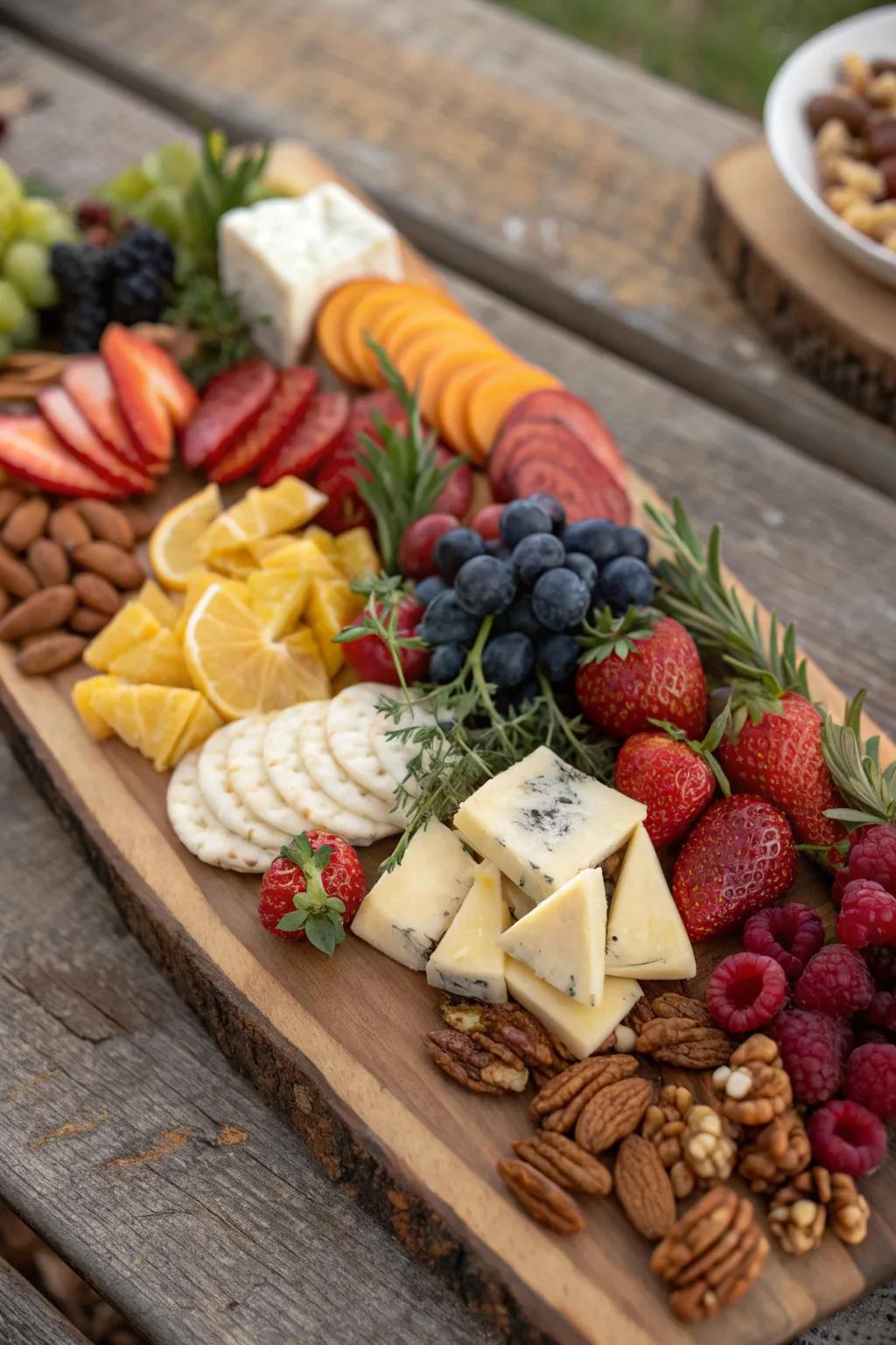 A colorful charcuterie board transforms any picnic into a gourmet experience.