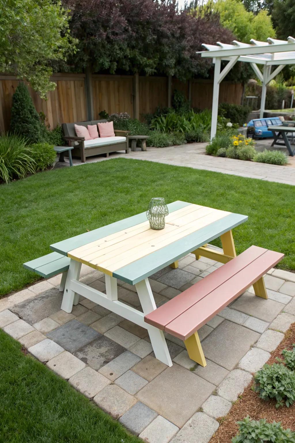 A two-tone color block picnic table adds a modern twist to a backyard.