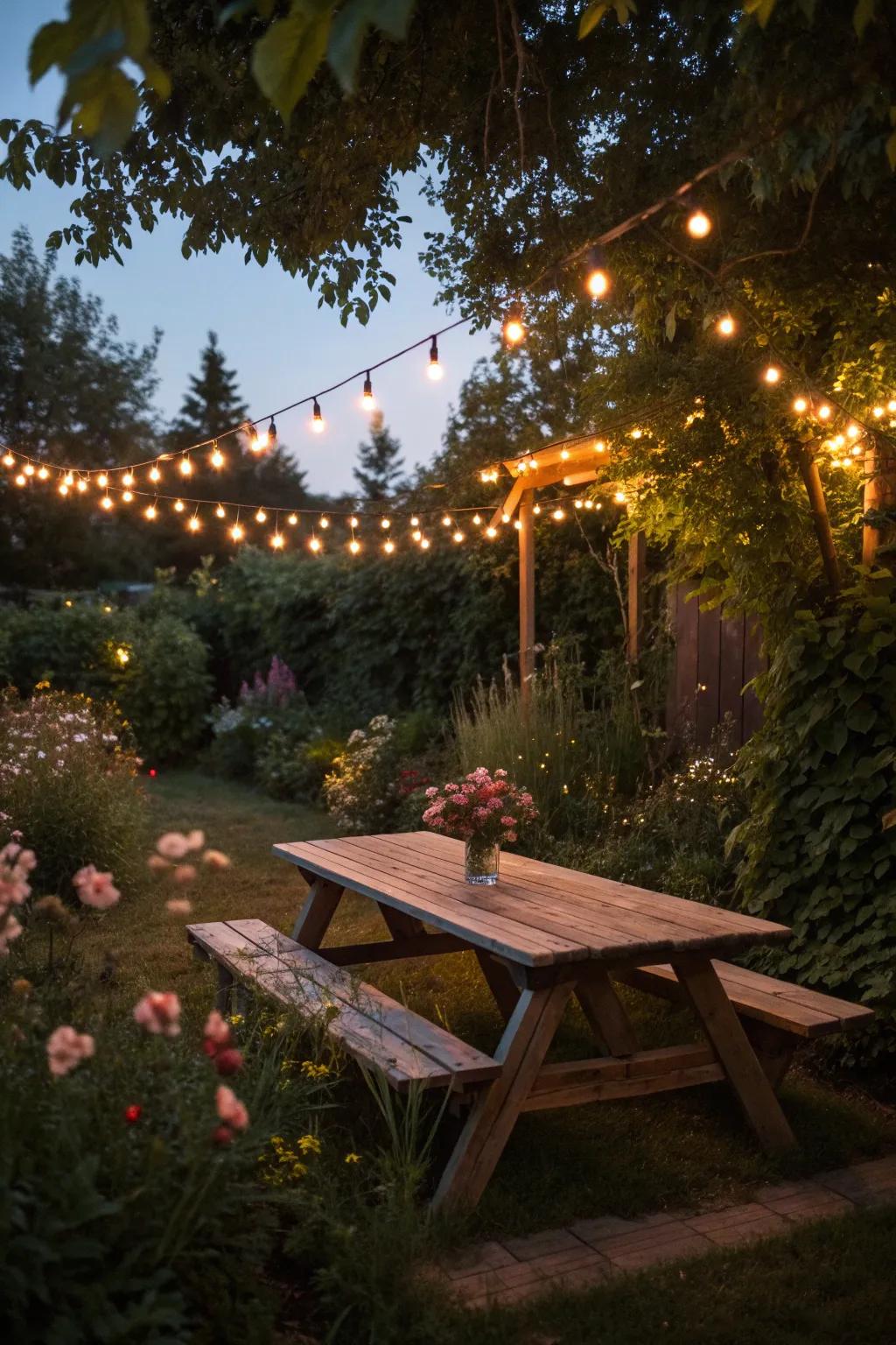 String lights cast a warm glow over this charming picnic table setup.