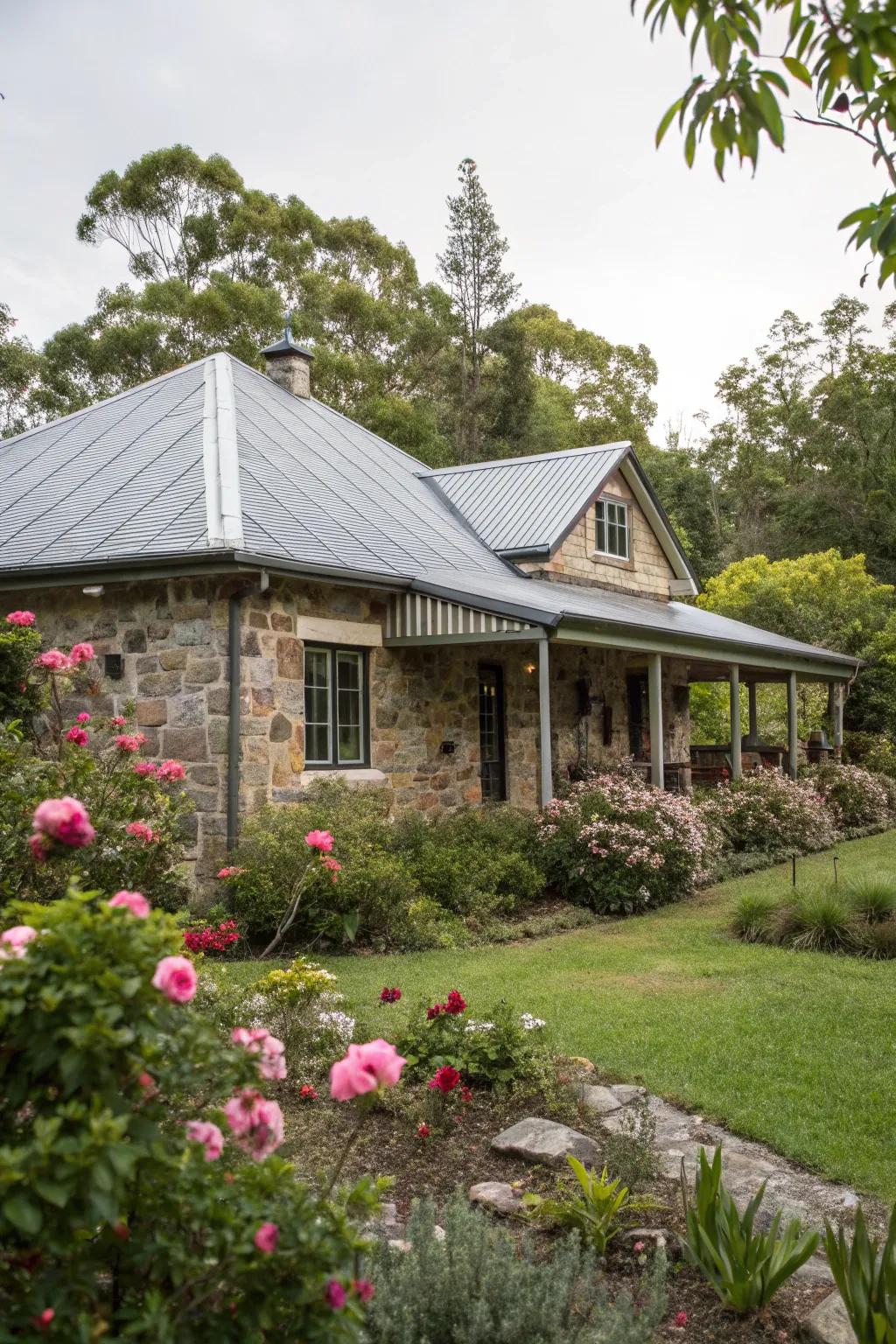 A beautifully designed house featuring a metal roof and stone facade.