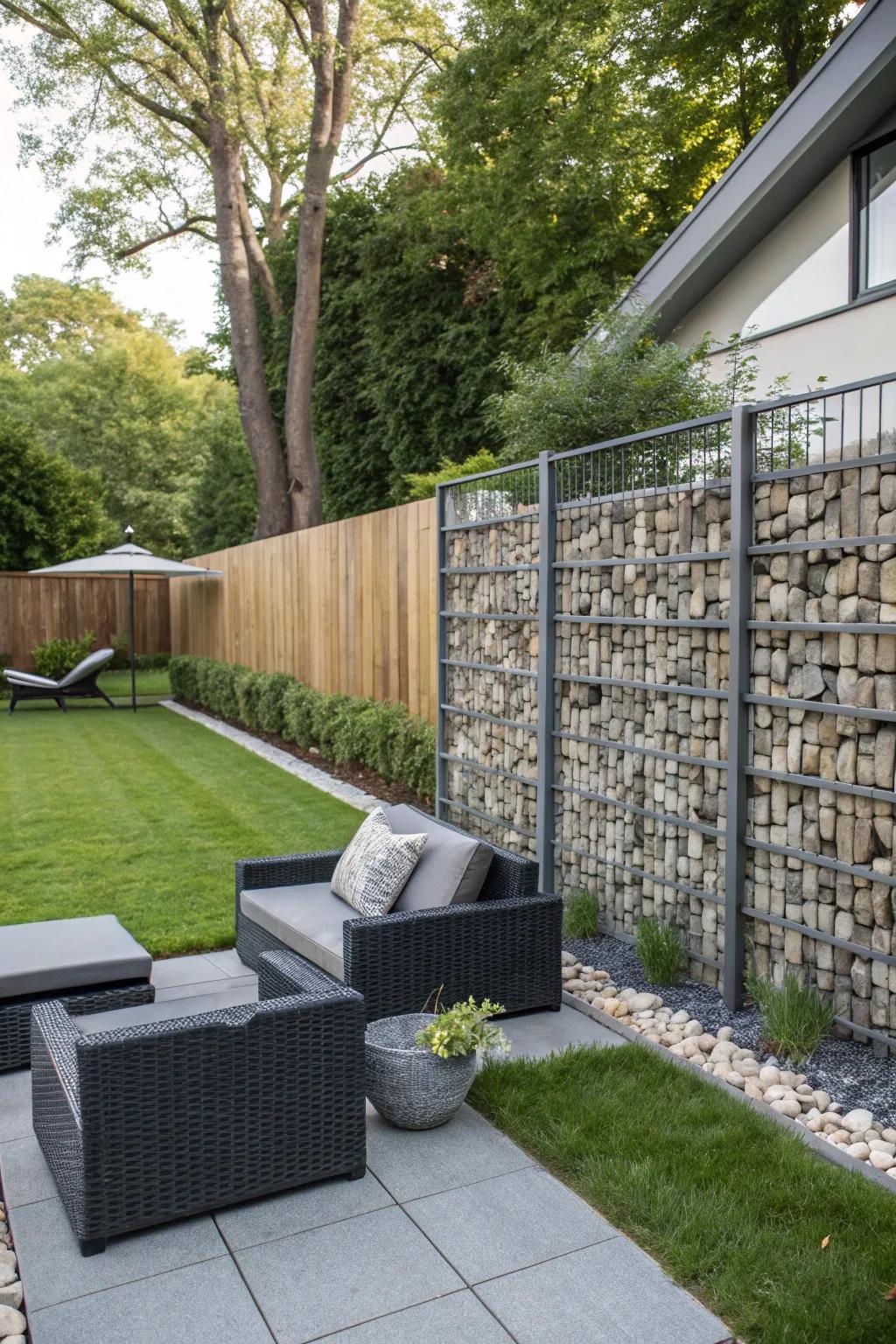 Modern industrial vibe with a gabion wall privacy fence.