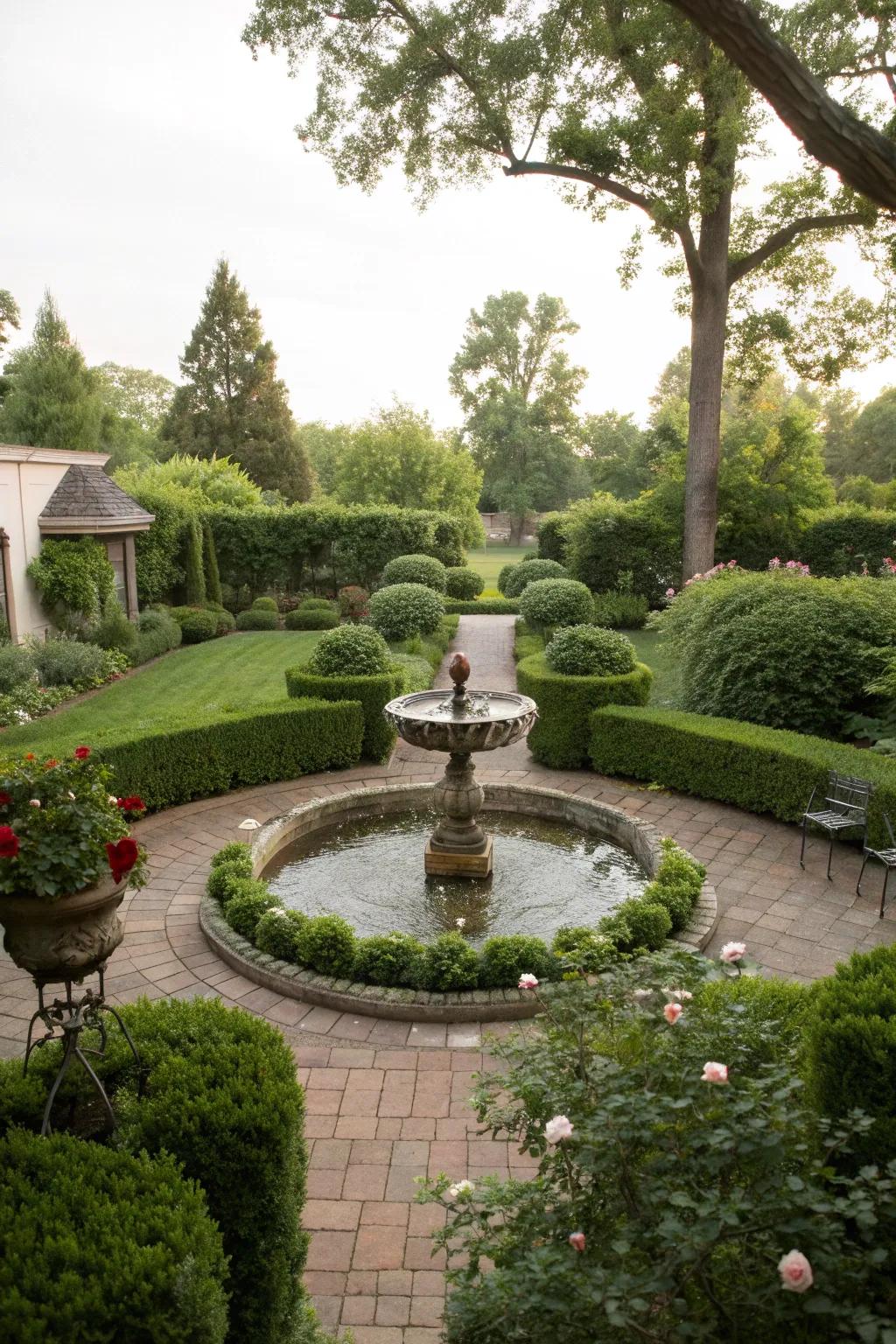 An eye-catching focal point enhances the visual appeal of a pie-shaped backyard.