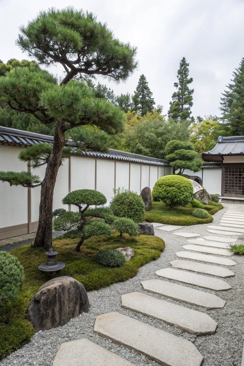 Japanese-inspired serenity with pine trees.
