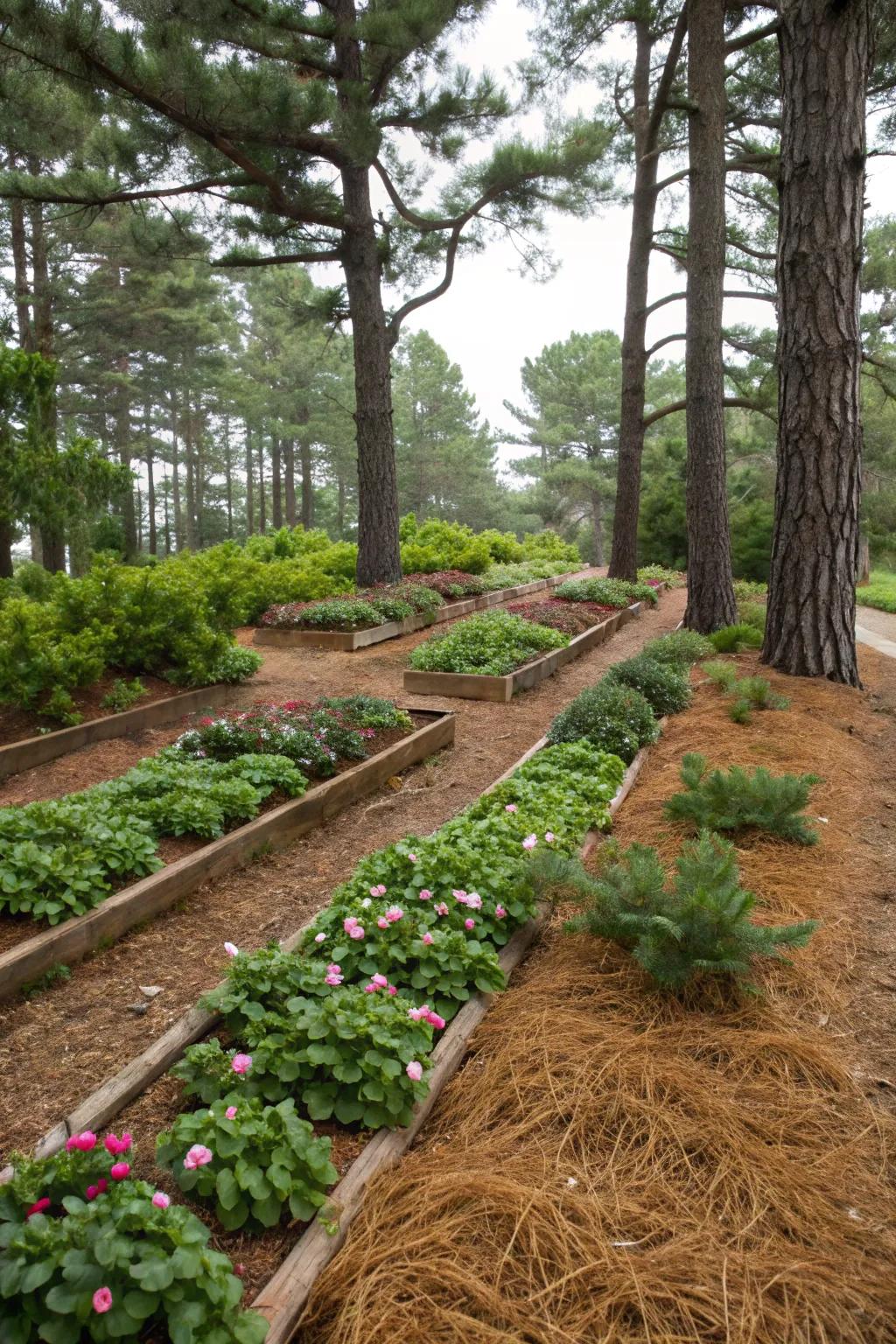 Pine needle mulch is both practical and aesthetically pleasing.