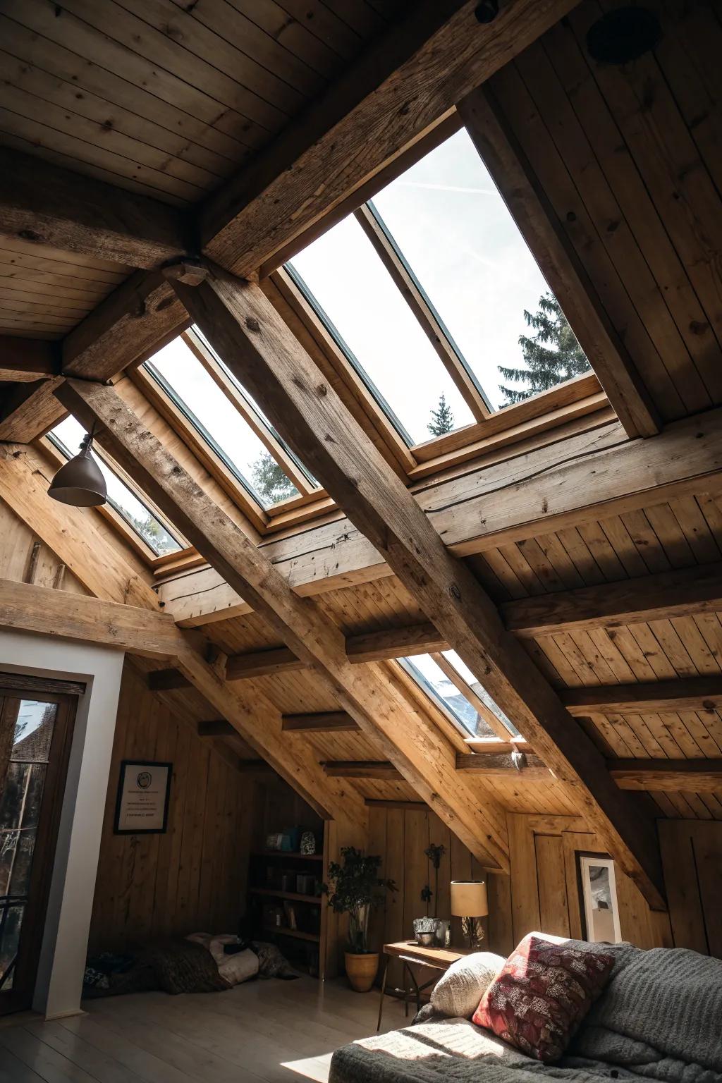 Skylights perfectly nestled between rustic wooden beams.