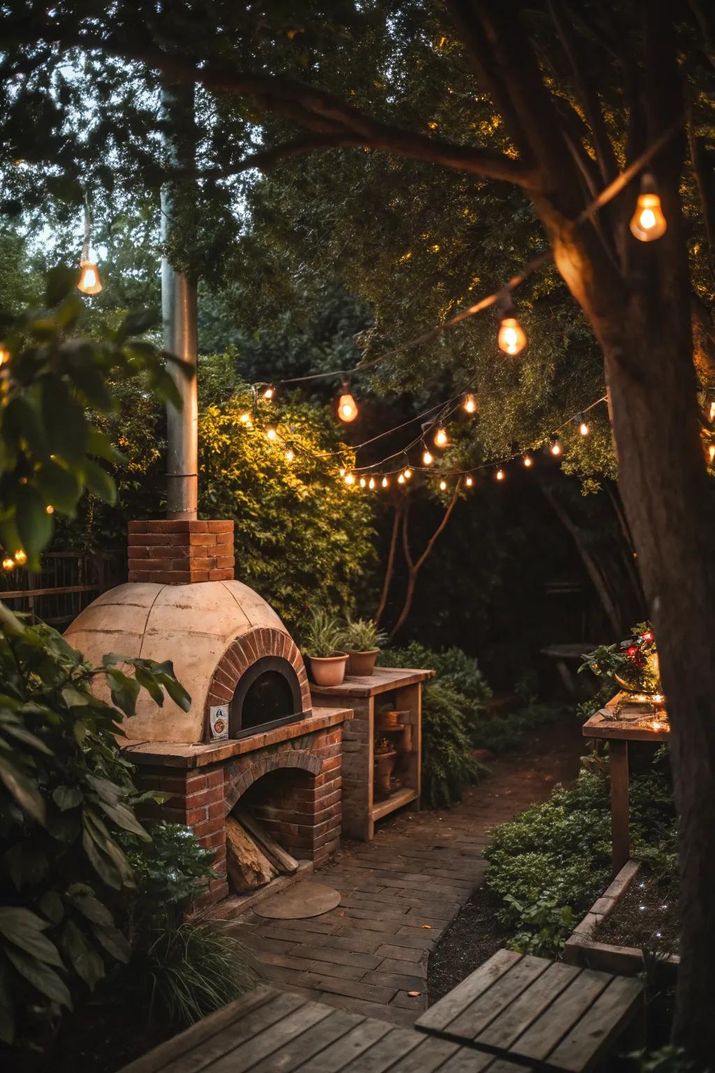 A pizza oven surrounded by ambient lighting for a cozy evening ambiance.