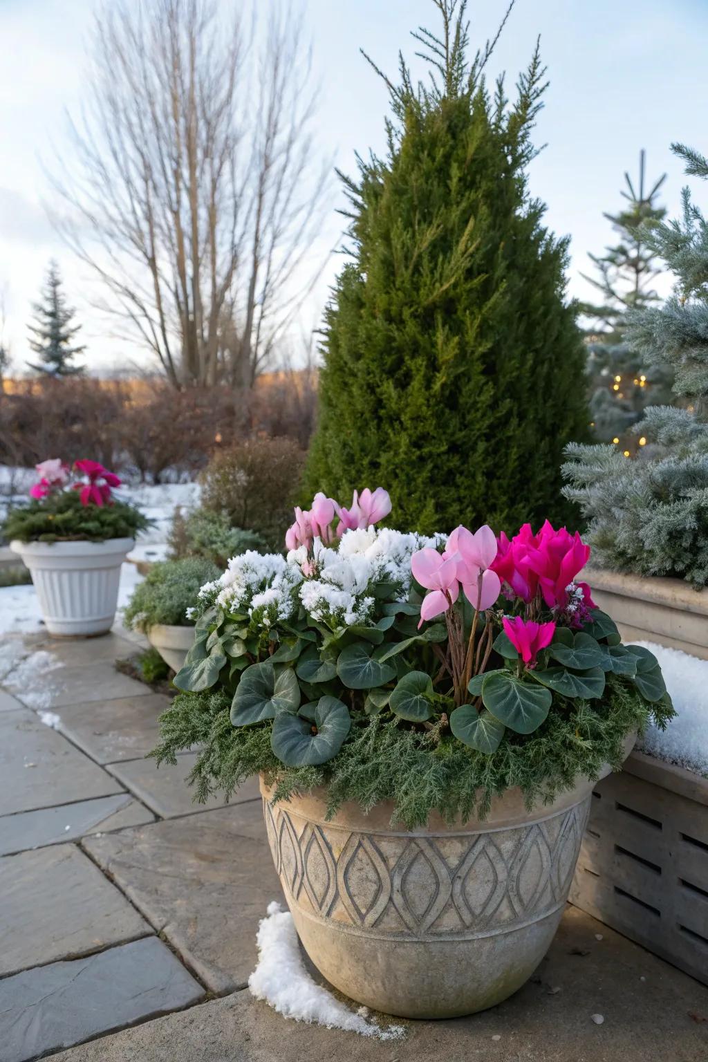 Winter charm with vibrant cyclamen and evergreen shrubs.