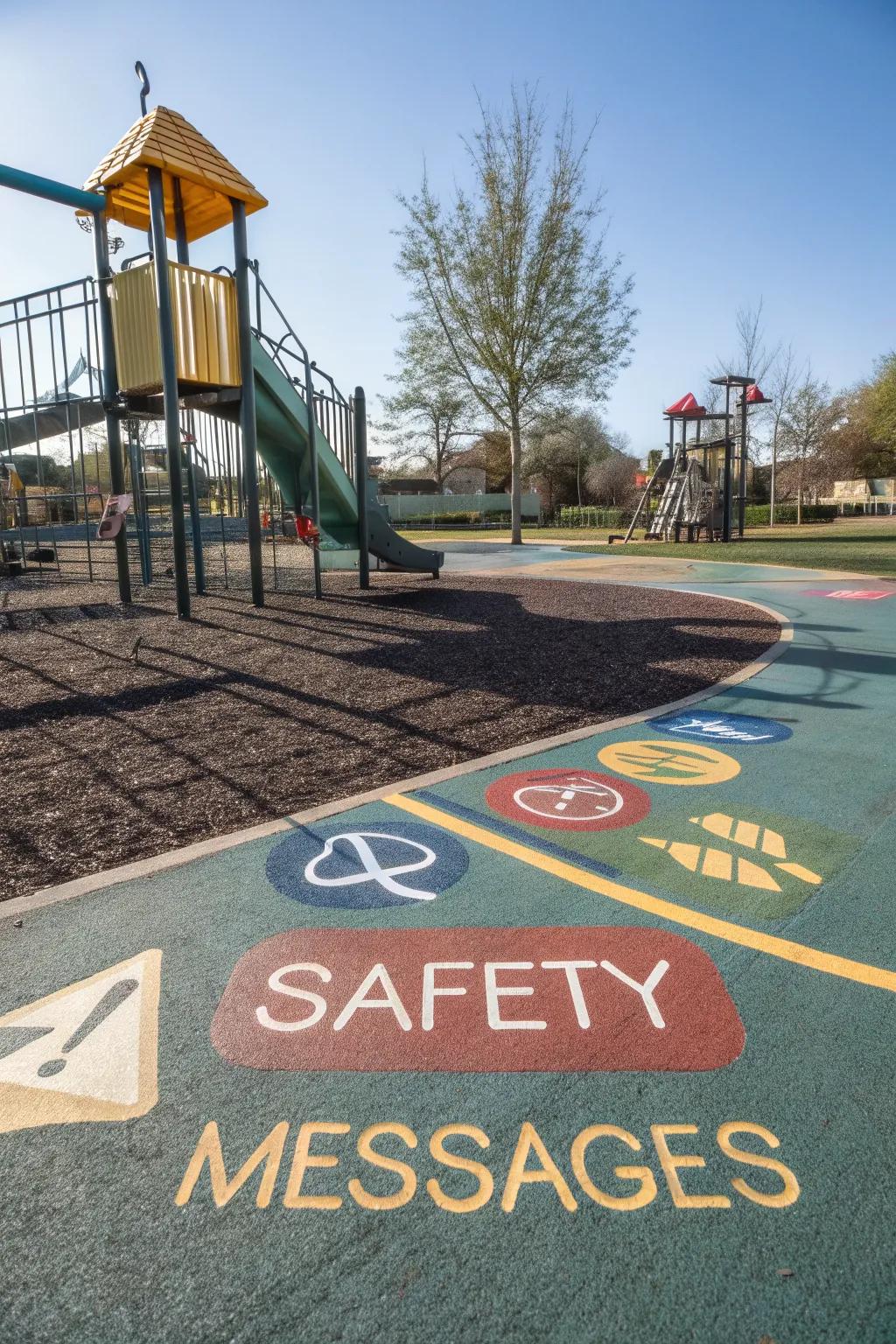 Safety messages on the ground enhance playground safety awareness.