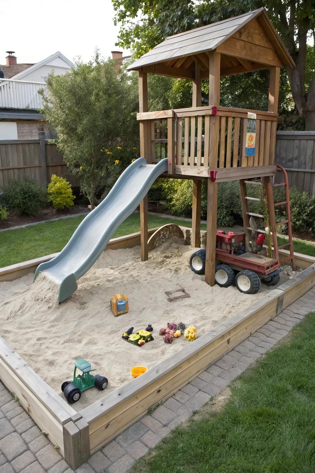 A two-for-one: a soft slide landing and a dig space below.