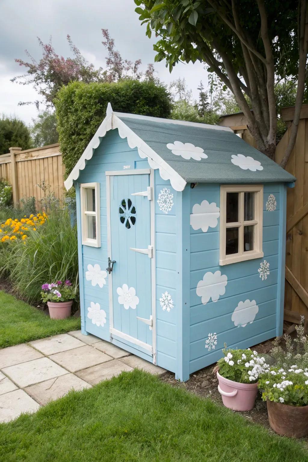 Sky blues create a serene and airy atmosphere.