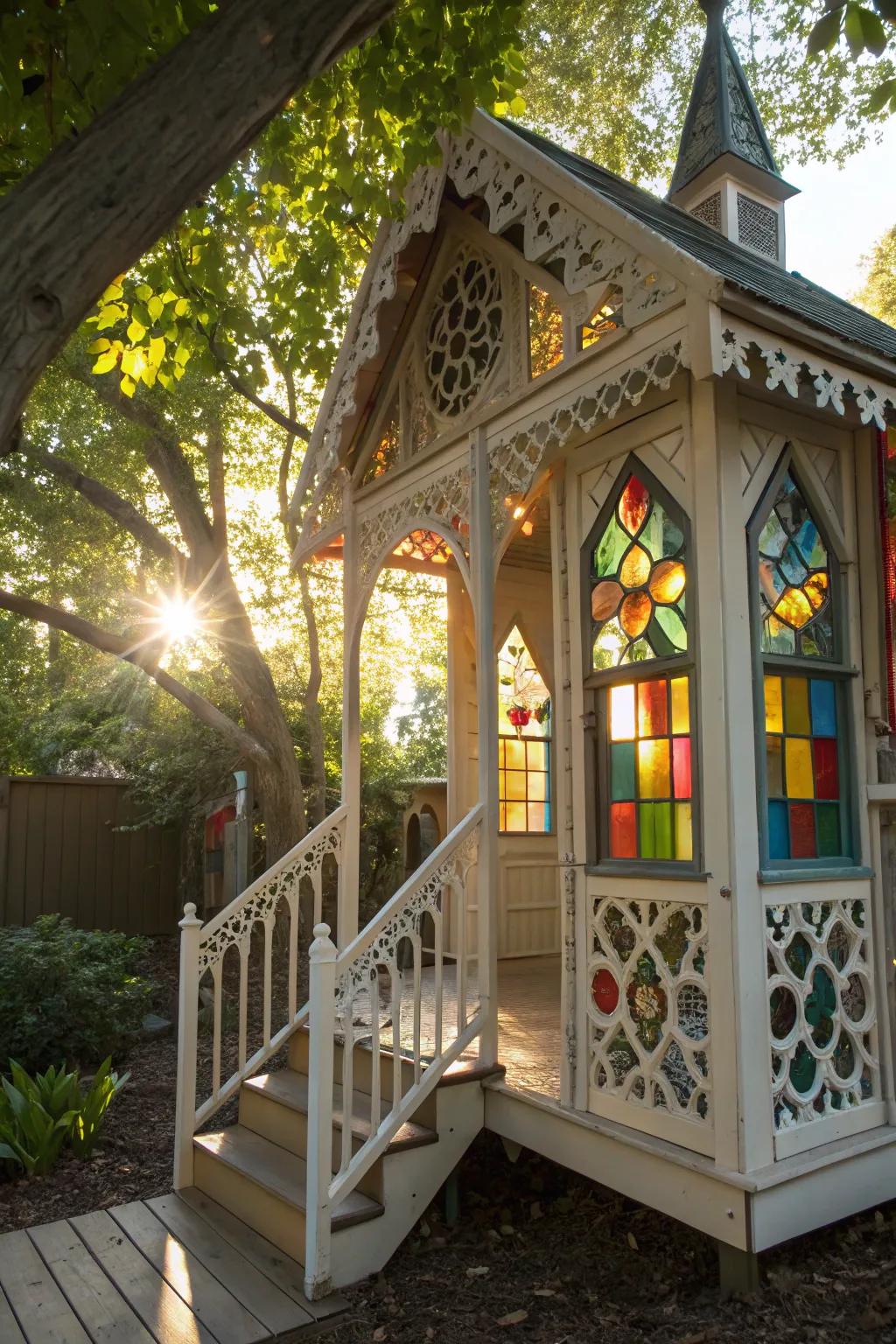 Stained glass panels add a magical touch to playhouse railings.