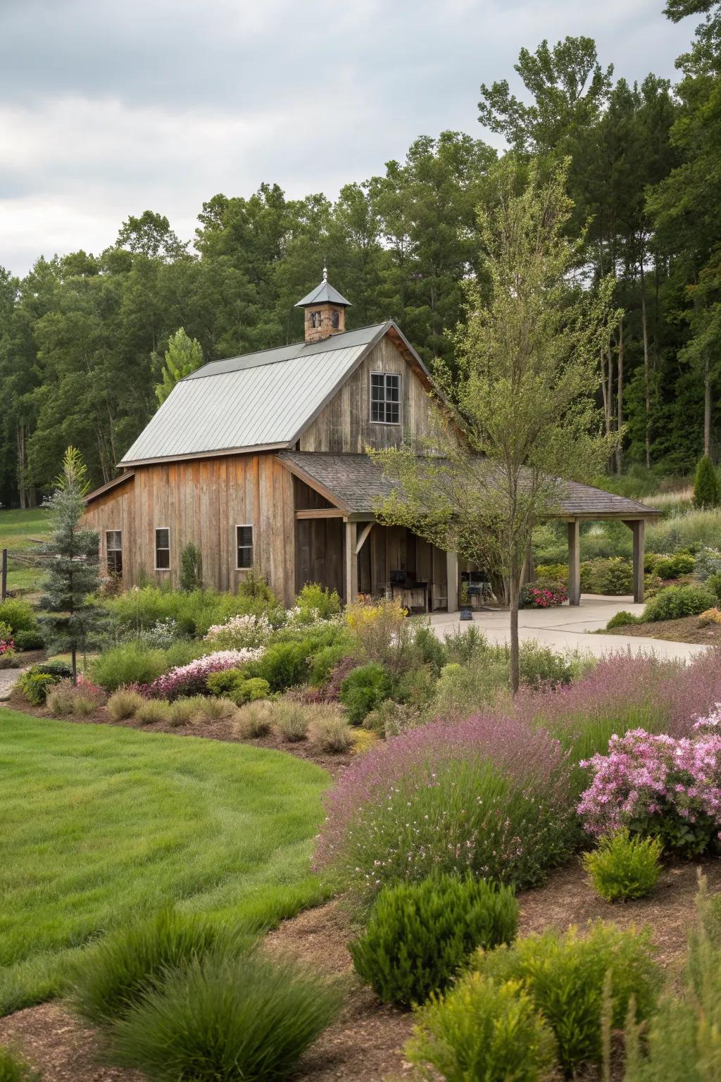Strategic landscaping integrates the barn with its surroundings.