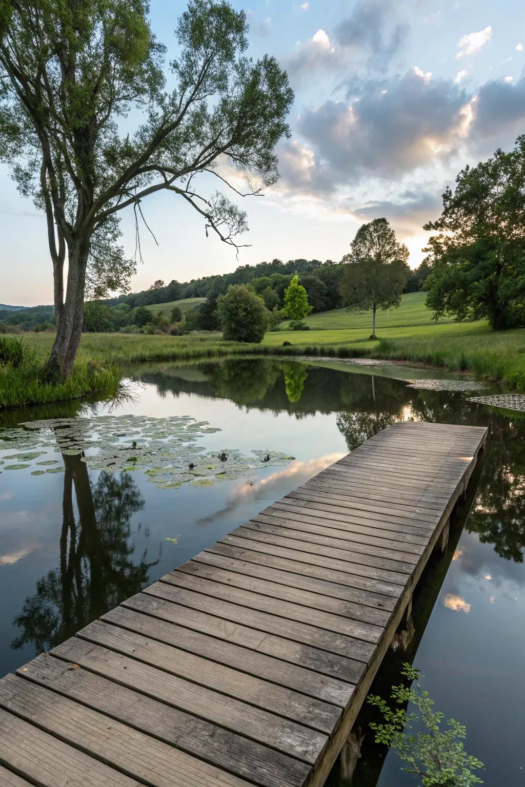 Wooden decking provides a perfect viewing platform over your pond.