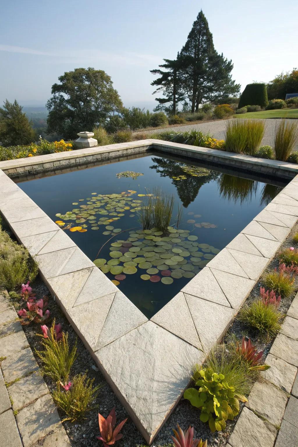 Triangular ponds offer a modern twist to garden designs.