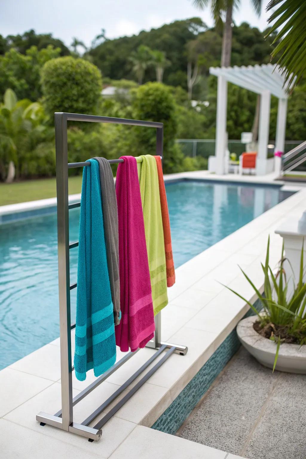 Keep your pool area neat with a stylish towel rack.