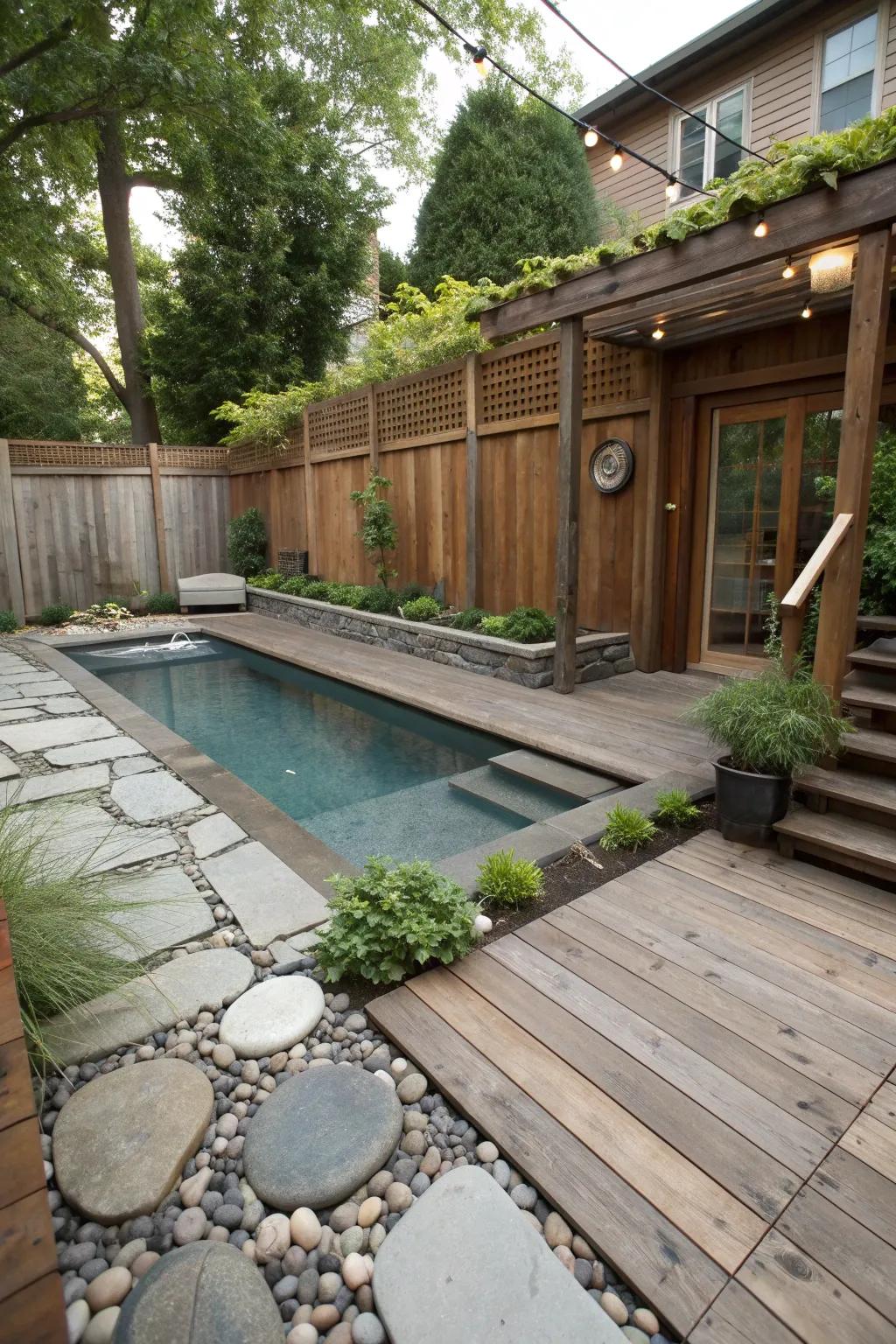 Rustic charm with natural elements in a pool conversion.
