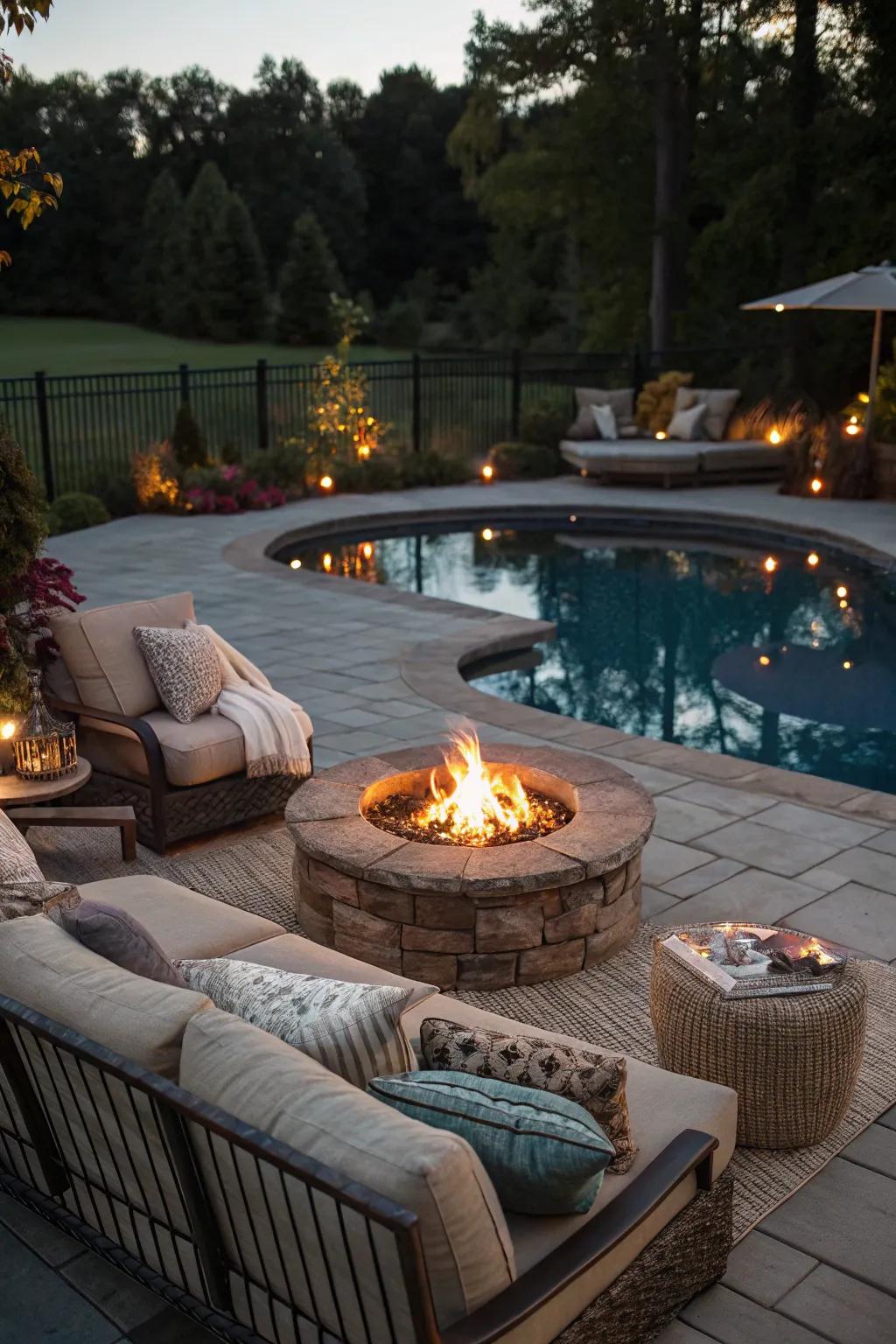 A pool deck with a central fire pit surrounded by seating.