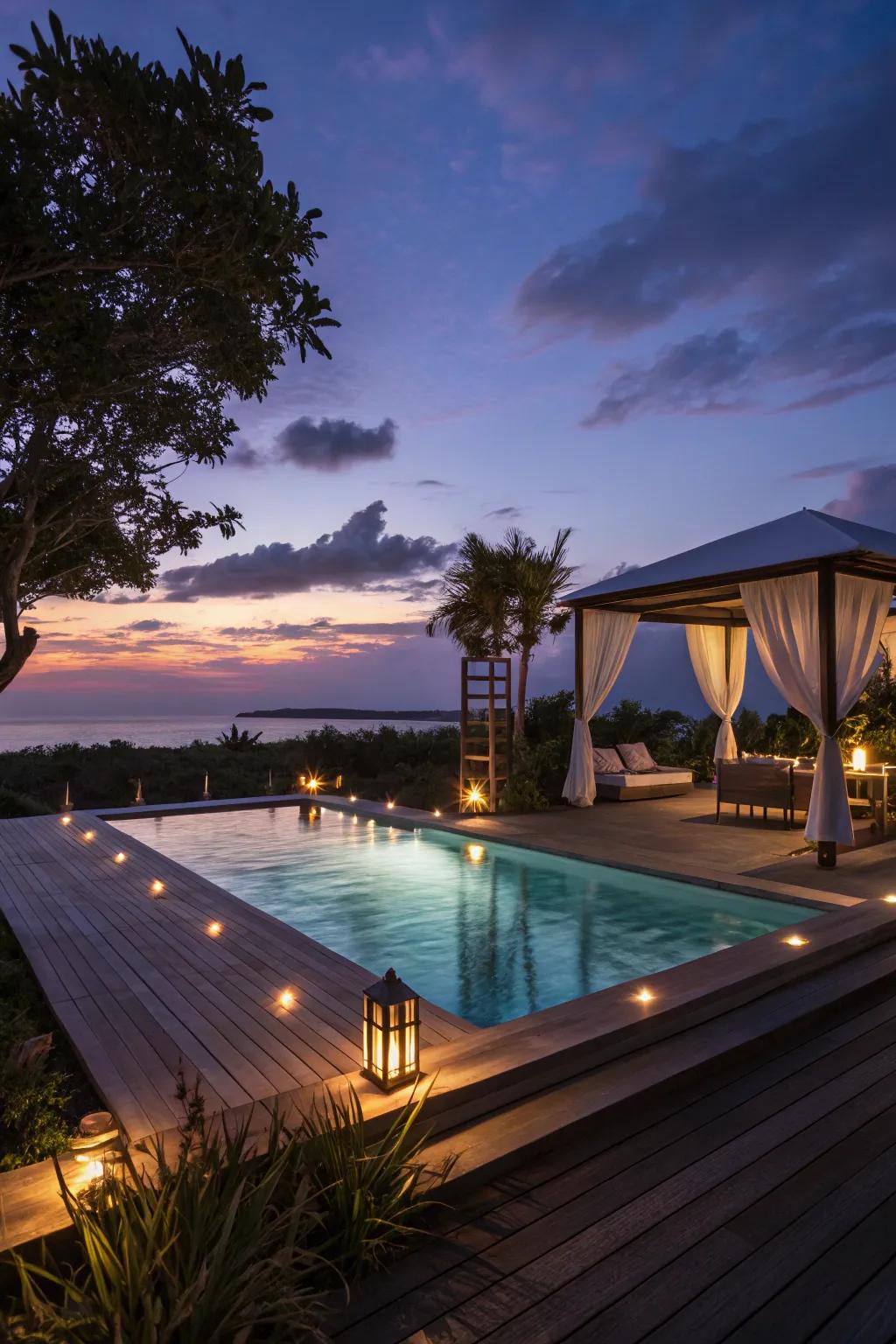 A pool deck transformed by elegant ambient lighting for a magical evening.