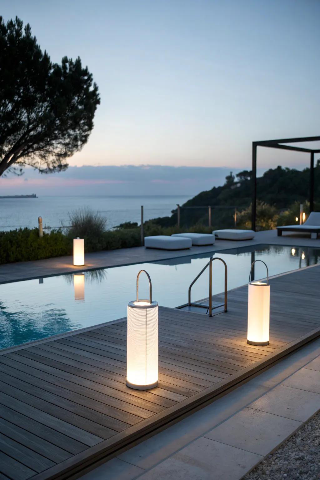 Sleek modern fixtures creating a chic poolside atmosphere.