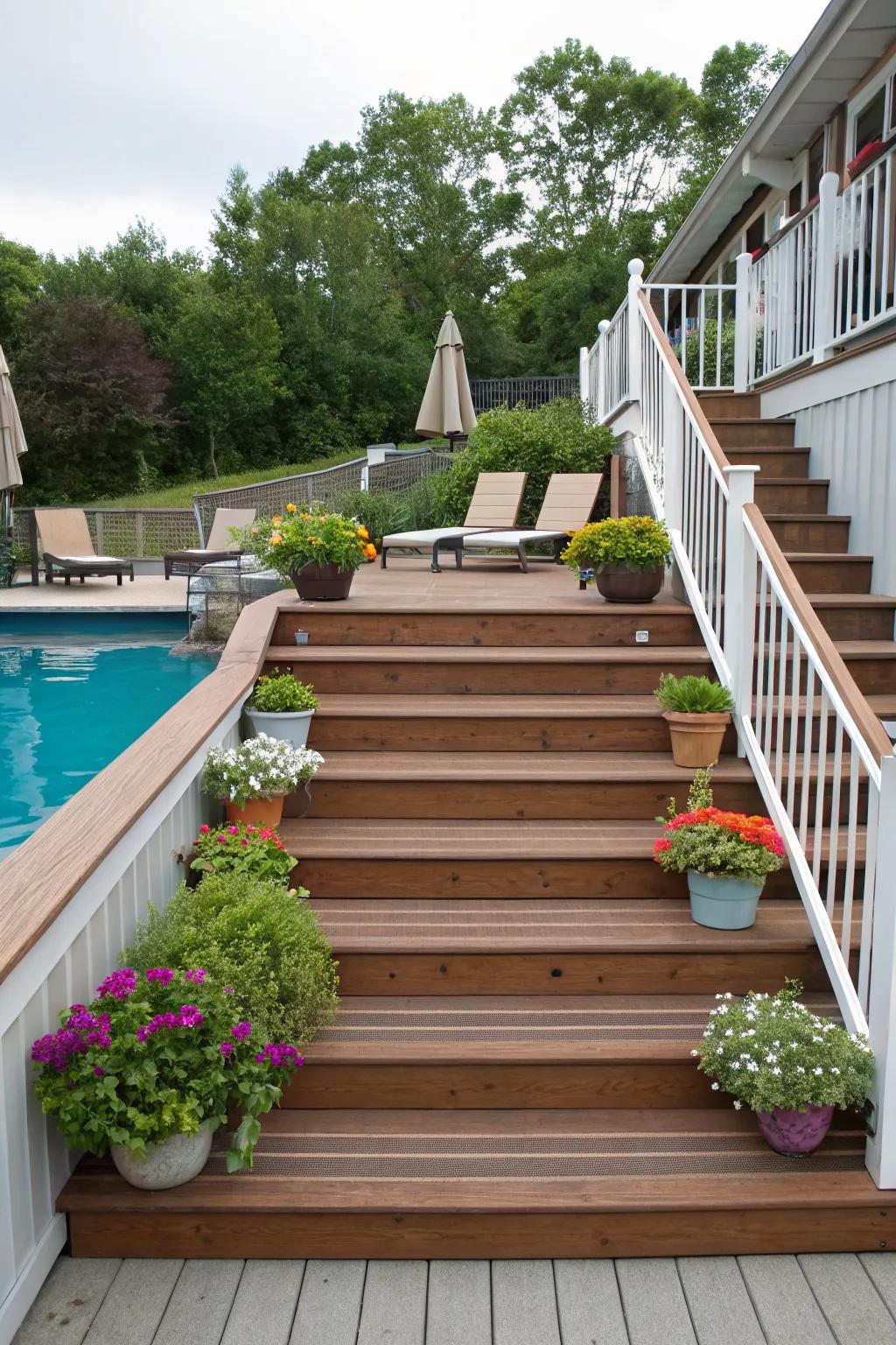 Wide stairs make for a grand, welcoming entrance.