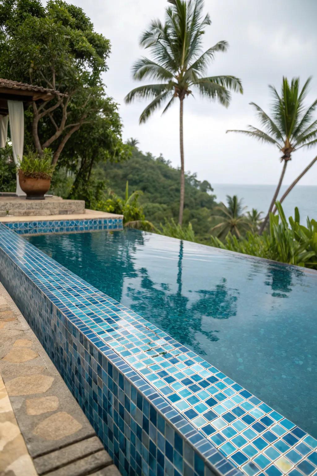 Blue mosaics bring a coastal vibe to poolside settings.