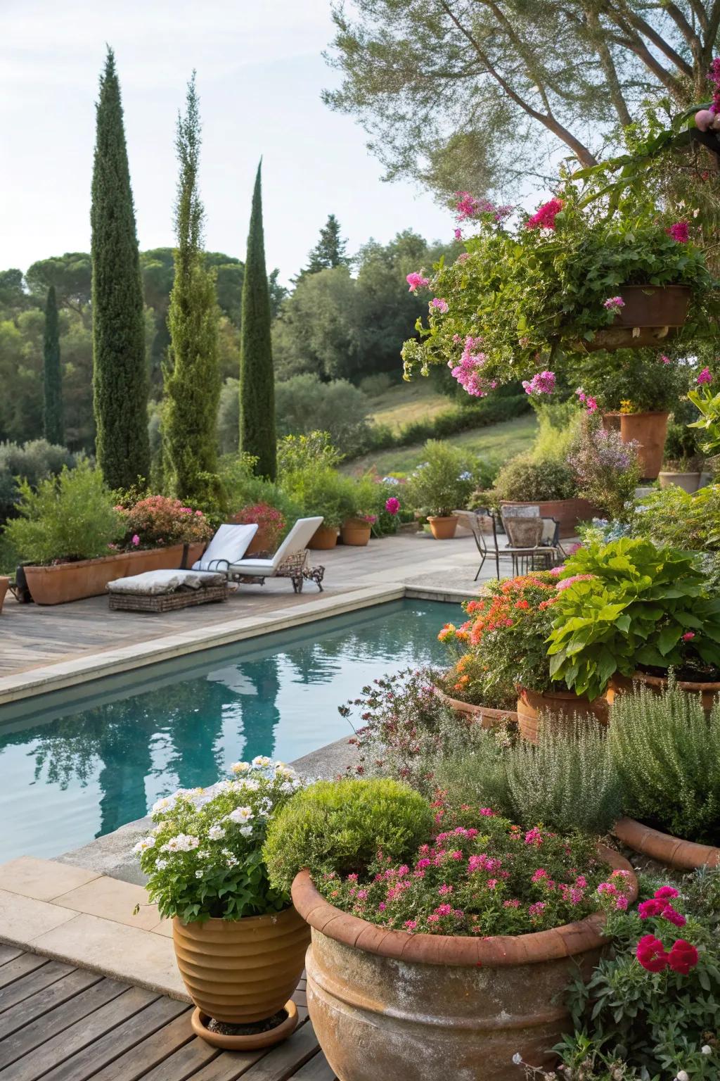A pool area with a variety of potted plants and lush greenery.