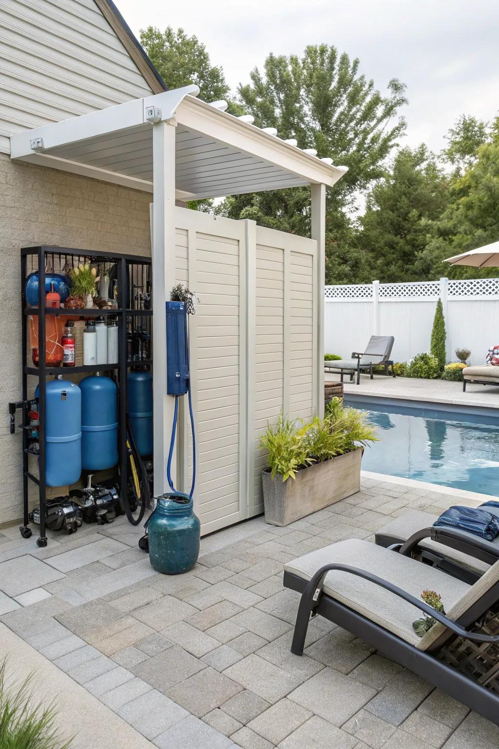 Partitions provide a neat and organized space for pool equipment.