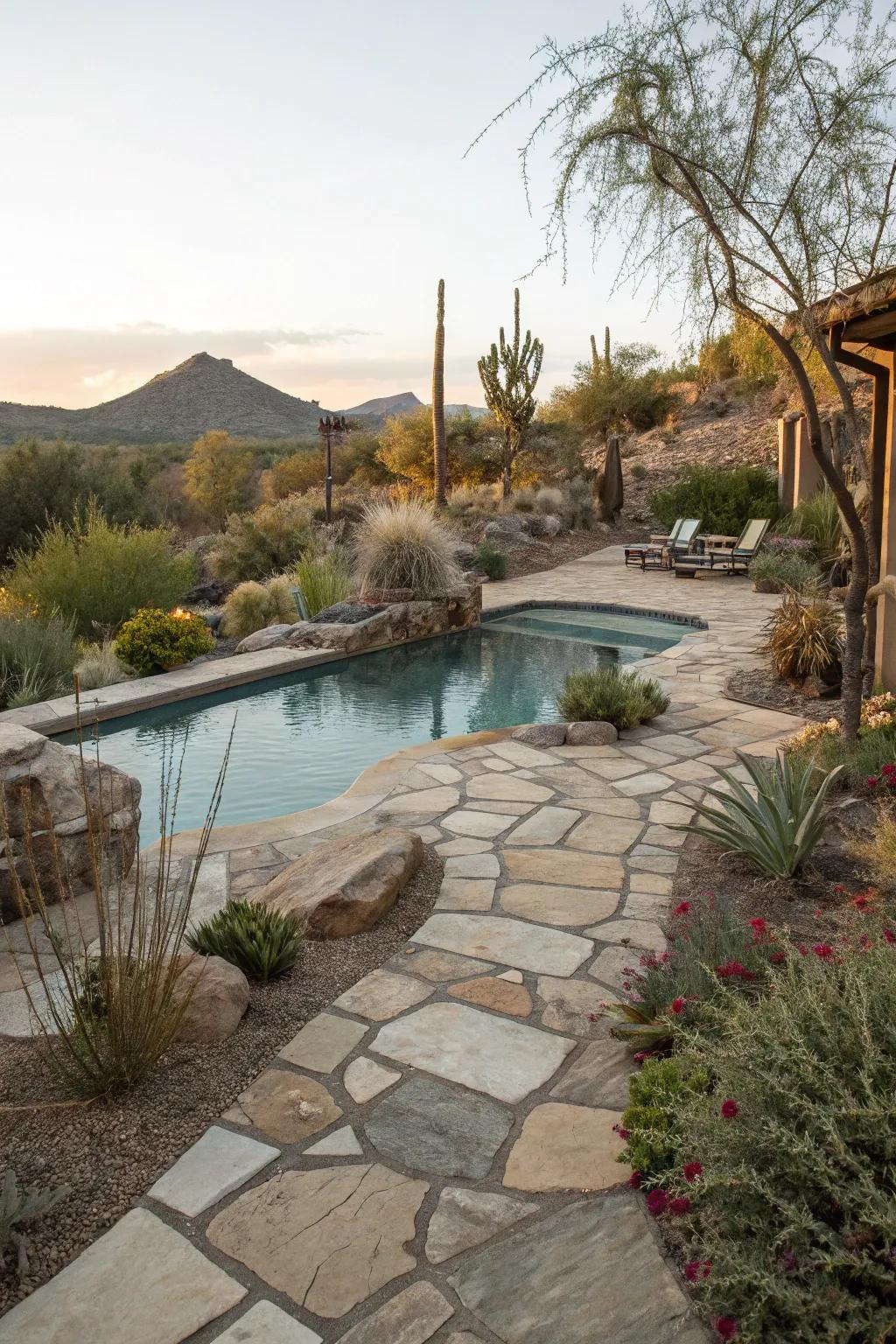 Natural stones and plants blend the pool with its surroundings.
