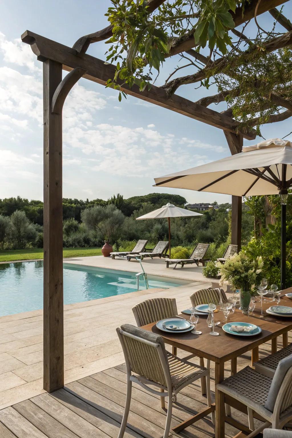 A pergola offers a stylish shaded retreat by the pool.
