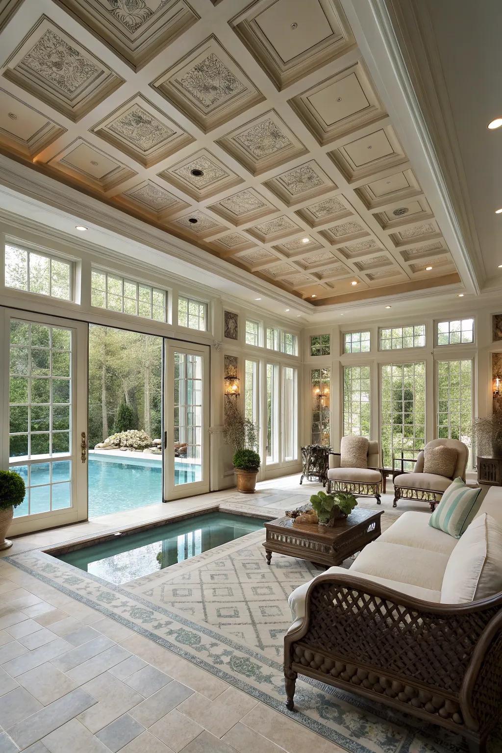 Coffered ceilings bring depth and sophistication to your pool house.