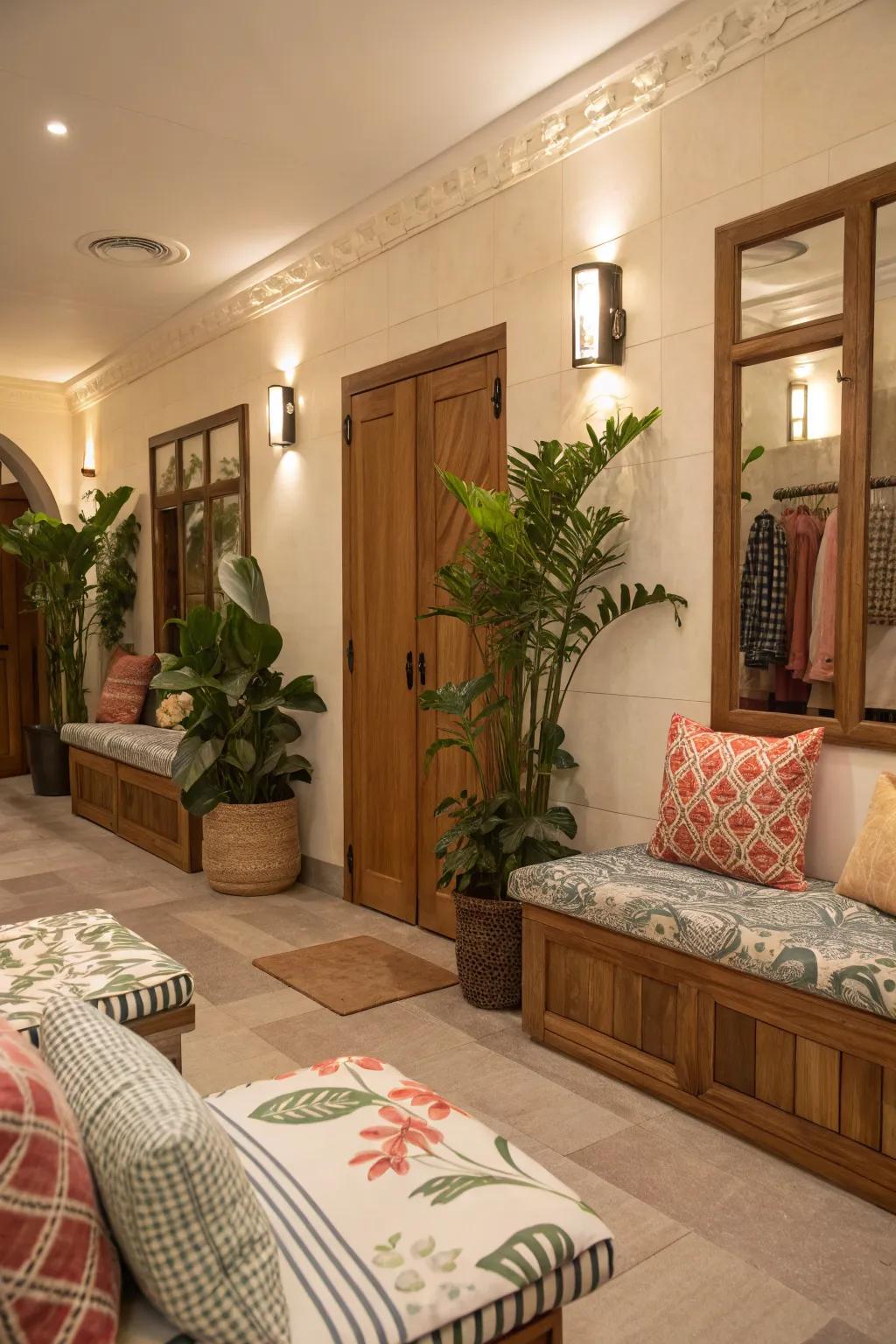 Decor elements like cushions and plants add warmth and style.