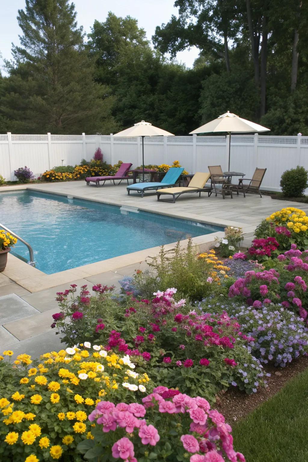 Brighten your pool area with vibrant flower beds.