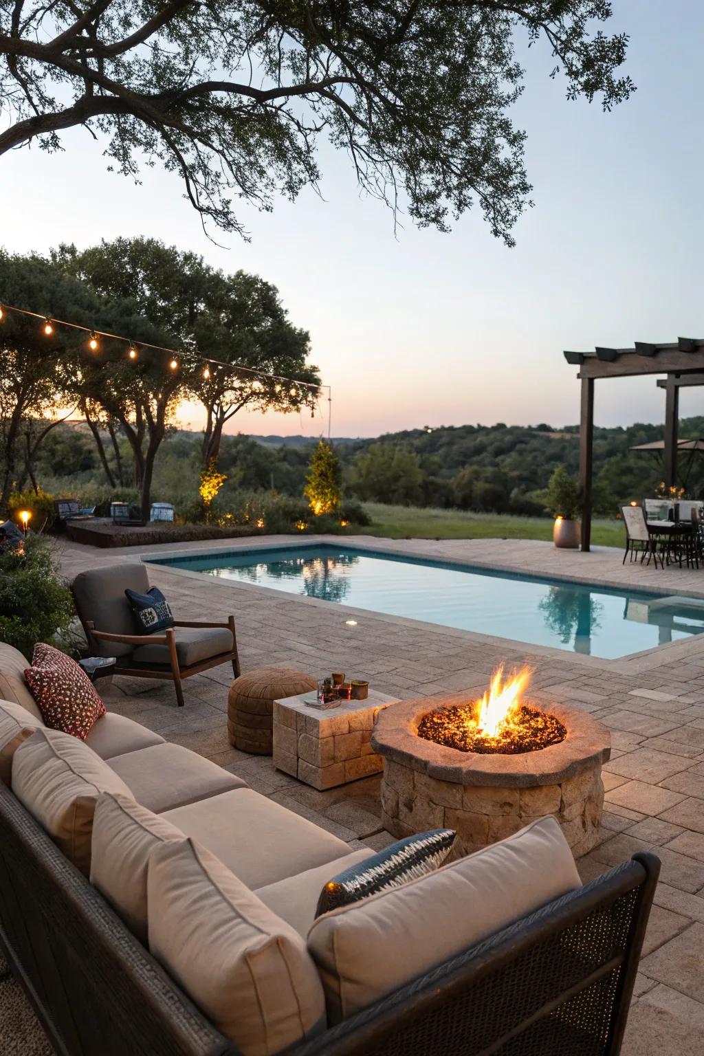Warm up your pool area with an inviting fire pit.