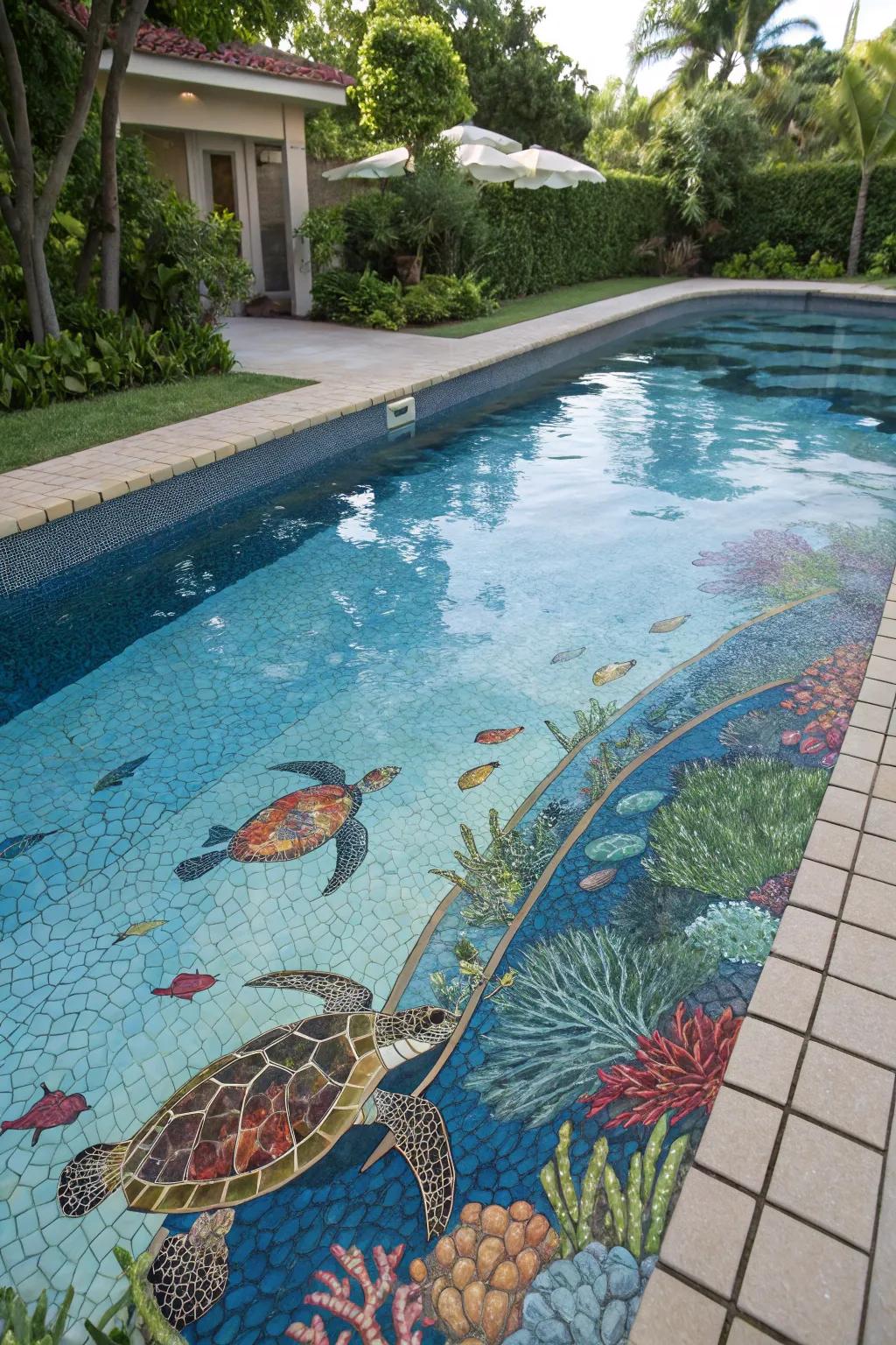 A pool that captures the essence of the ocean with sea turtle mosaics.