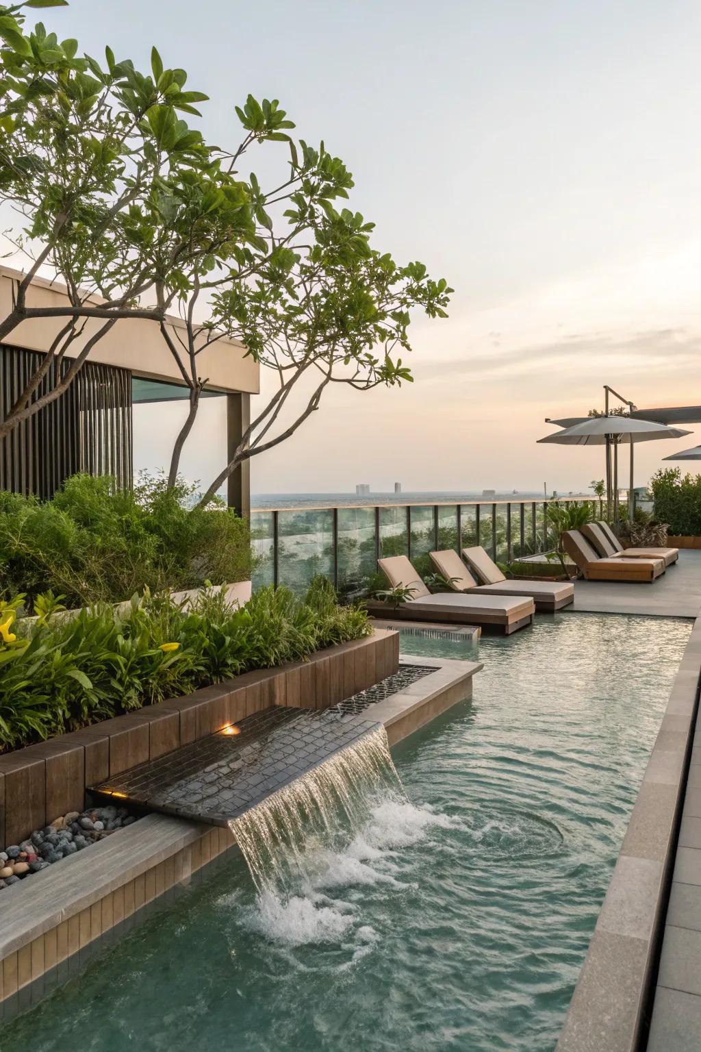 An eco-friendly water feature enhancing a rooftop pool.