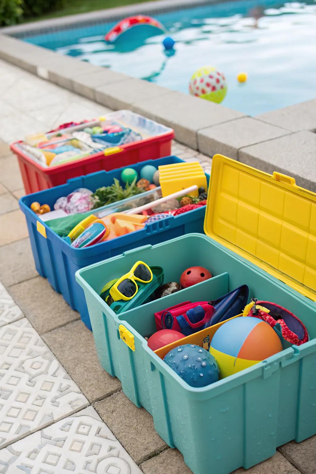 Portable bins provide flexible storage solutions for pool items.