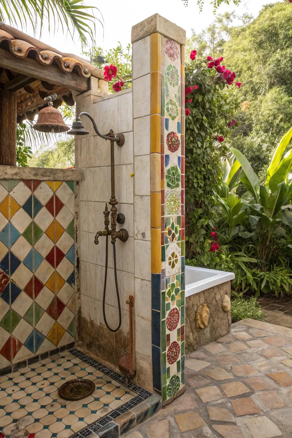 A vibrant bohemian rhapsody for your outdoor shower experience.