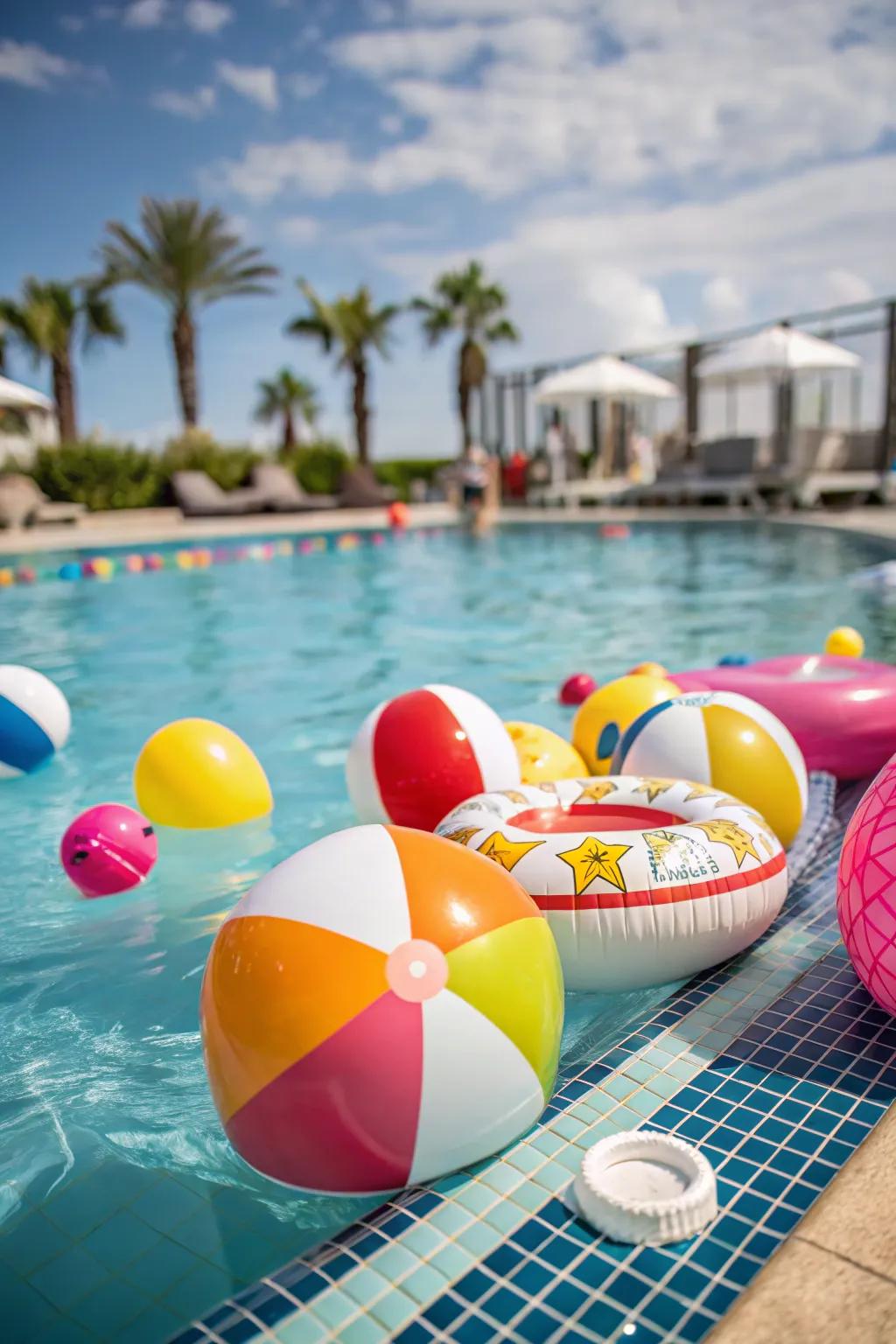 A pool filled with colorful beach balls and inflatable toys, ready for fun.