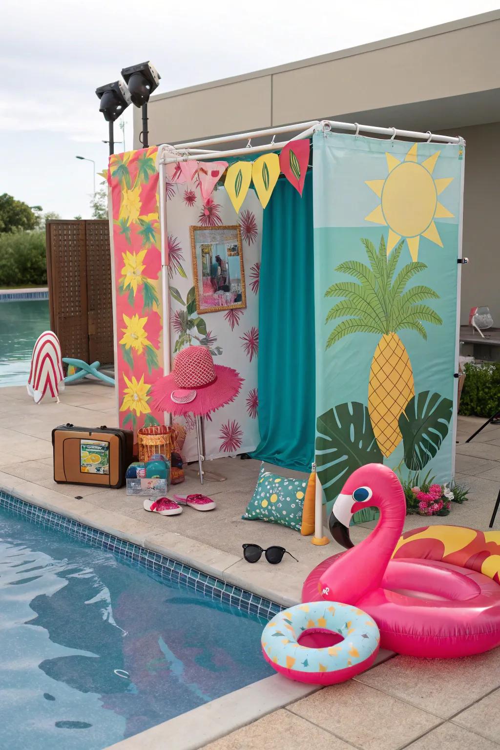 A poolside photo booth with fun props and a creative backdrop.